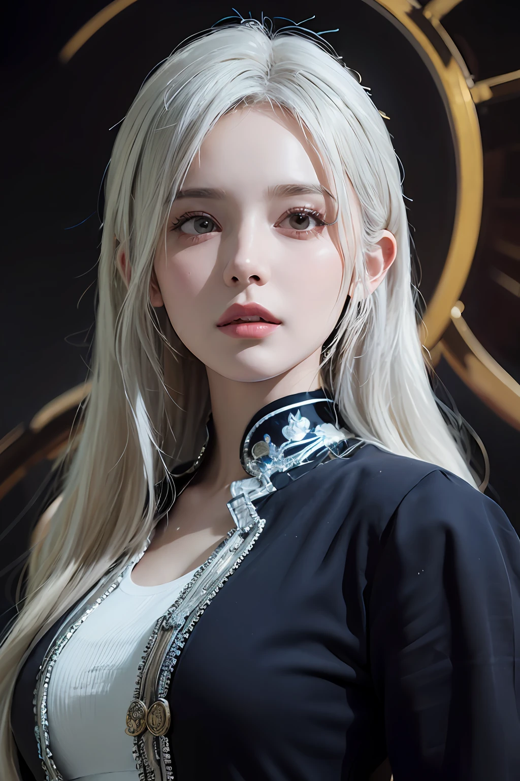 (front focus),(in the dark:1.6),
Hyperrealist portrait of female by david hockney and alphonse mucha,fantasy art, photo realistic, dynamic lighting, artstation, poster, volumetric lighting, very detailed faces, 4 k, award winning,, 1girl, in the dark, deep shadow, low key,cowboy shot,(official clothing:1.4) ,long hair,white hair,