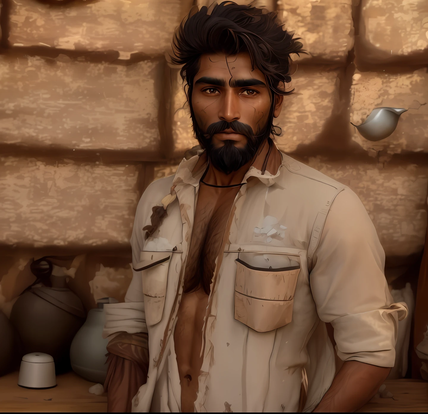 beautiful masculine Indian man, rugged and scarred skin, brown complexion, indian village background, extremely sharp focus, slightly blurred background, depth of field, slight glow in eyes, thick beard, (salt and pepper look:1.2), Indian attire, clear face skin