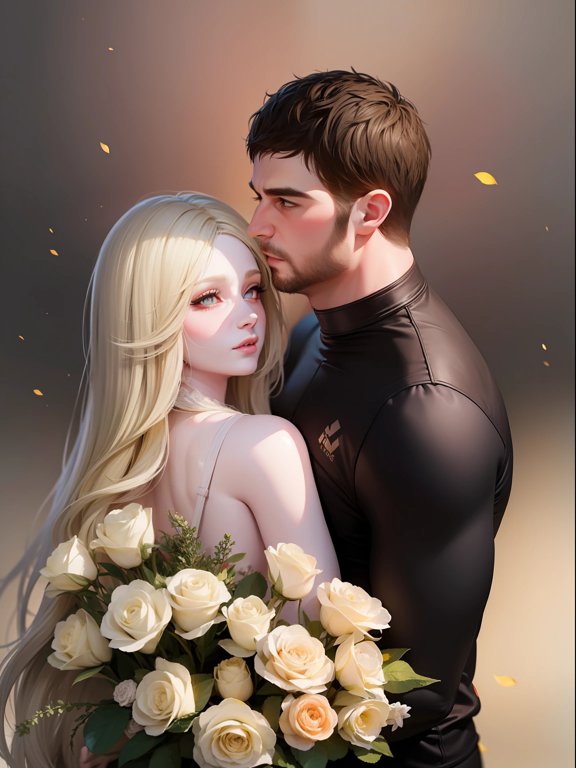 (( big man short brown hair ))with ((1woman blonde long hair)), art style guweiz , simple background , bokeh , lovers , couple , art style guweiz , simple background , bokeh , lovers , couple ,Height difference, flowers , roses , hold flowers