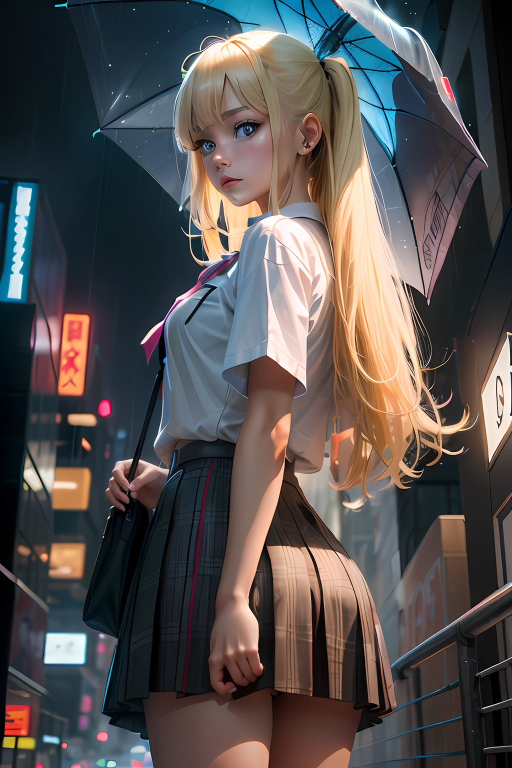A girl，blond straight hair ，dual horsetail ，female high-school student，white  shirt，short- sleeved，Plaid skirts，quadratic element，With an umbrella ，Stand in the rainy night，heavy rain poured，It is surrounded by towering buildings ，blue neon lights，cyber punk perssonage，tmasterpiece，prette，looking at viewert，eBlue eyes 。