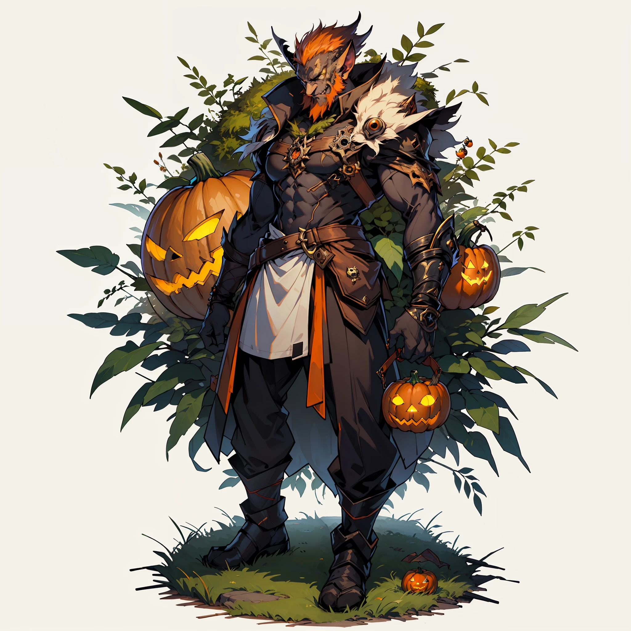 ((top-quality))、((tmasterpiece))、((Full body photo of a man,The pumpkin blends with the body))、((very simple background))、(Game character design)、Pumpkin anthropomorphic monster、(Moss and pumpkin merge with the body,)、luminous body、Beastman、Ornaments with pumpkin motifs、cyber punk perssonage、Olette、独奏、Fighting posture