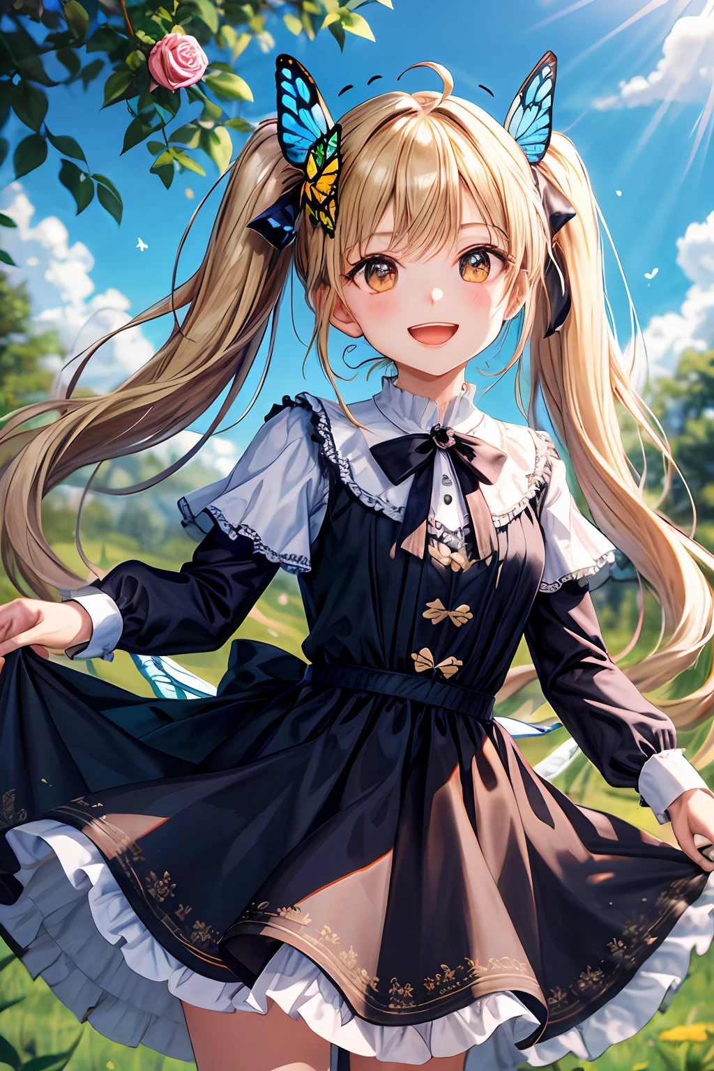 ultra-detailed, butterfly, 1girl, blue butterfly, butterfly hair ornament, rose, solo, long hair, flower, butterfly wings, yellow butterfly, butterfly on hand, smile, open mouth, blonde hair, brown eyes, twintails, bow, polka dot bow, low twintails, pink rose, dress, hair ornament, ribbon, hair bow, very long hair, outdoors, masterpiece, best quality