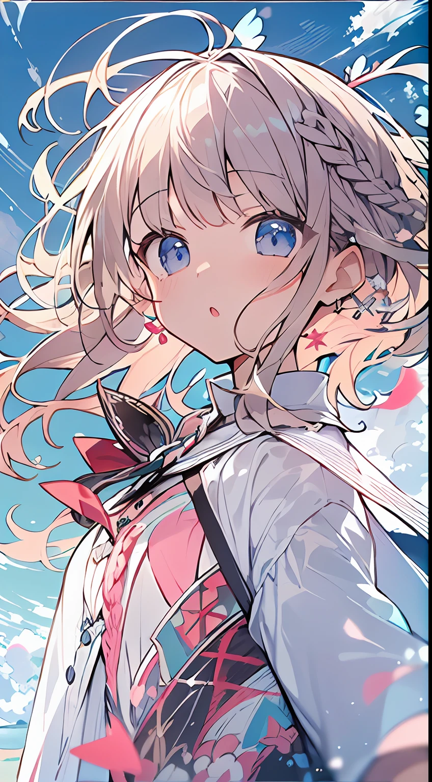 masutepiece, Best Quality,Illustration, Wallpaper, Ultra Detail, absurderes, 1little girl、 Solo, (Medium short hair、short braided hair), Beautiful ultra-detailed eyes , Hair fluttering in the wind、:o、 Beautiful sky、(a panoramic view:1.5)