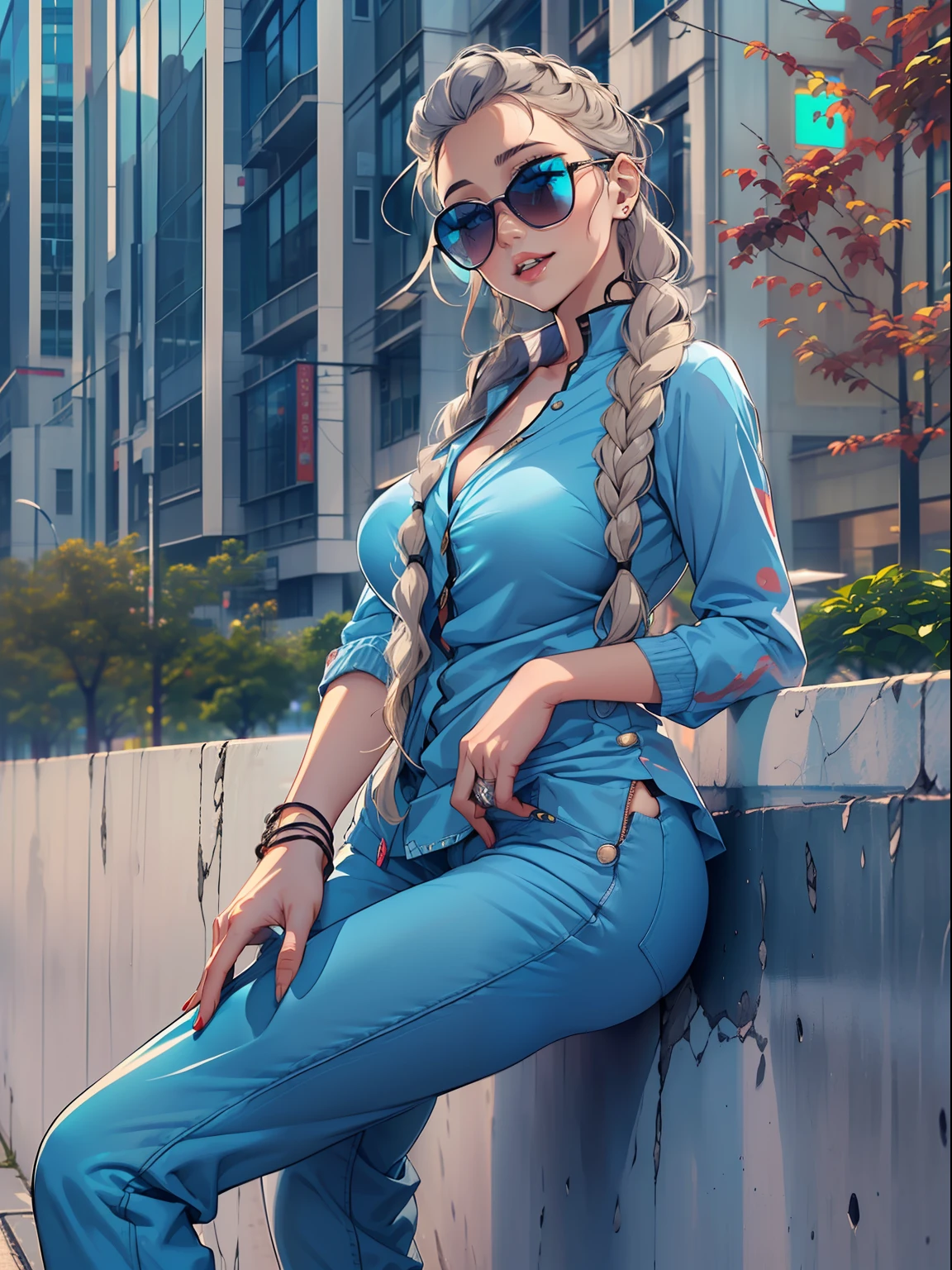 Beautiful elegant and sexy woman, body suit, Mature (((Very big))), (((Urban background of the city))),neons、natta ((((((Casual clothing)))), cool、Blue Sunglasses、tobacco、Kaeri Blood、nose blush, Meek smile、arma、Gray-haired long-haired、Braids(Mature)), ((((Tomboy))))