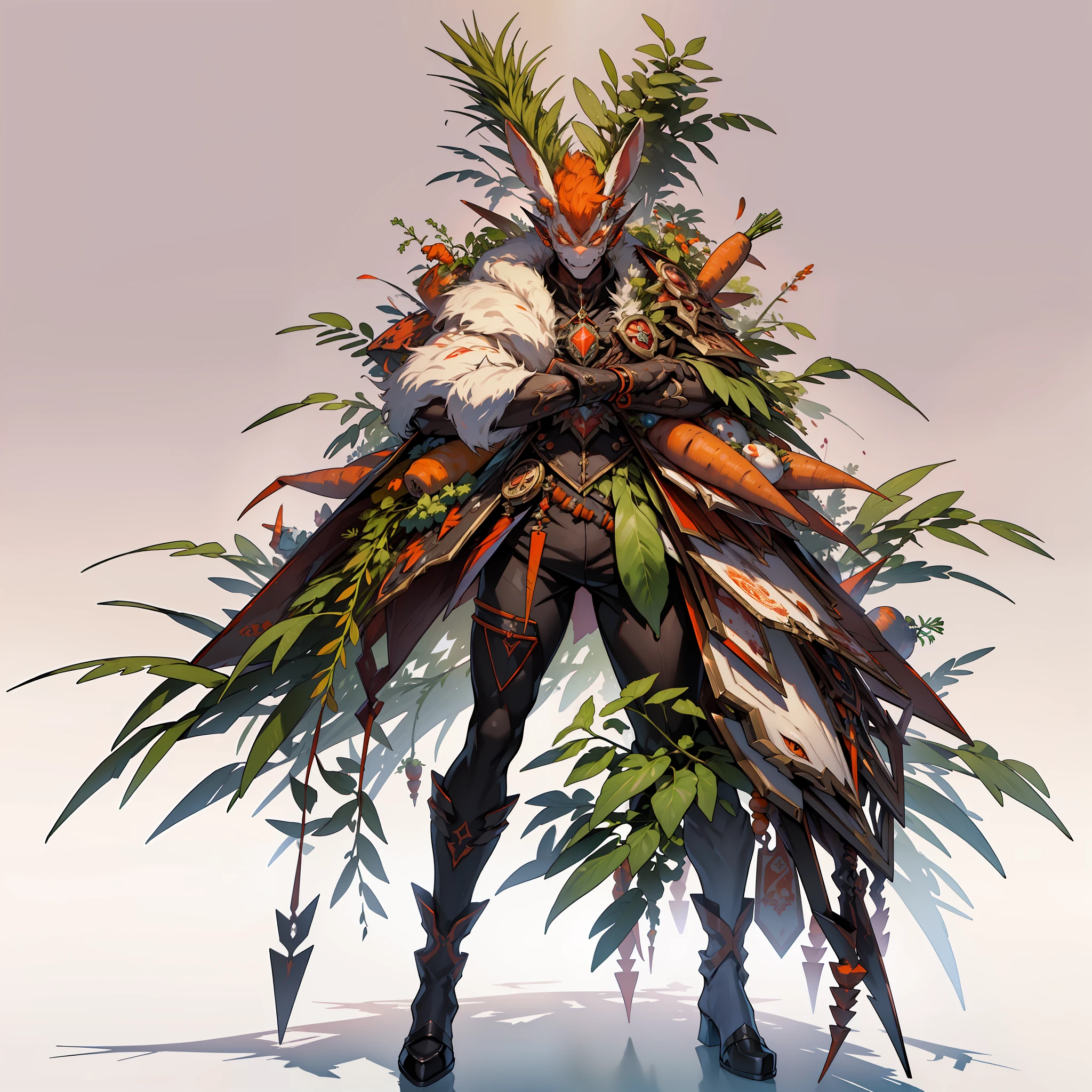 ((top-quality))、((tmasterpiece))、((Full body photo of a man,Radish blends with the body))、((very simple background))、(Game character design)、Carrot anthropomorphic monster、(Moss and carrots blend with the body,)、luminous body、Beastman、Ornaments with carrot motifs、cyber punk perssonage、Olette、独奏、Fighting posture
