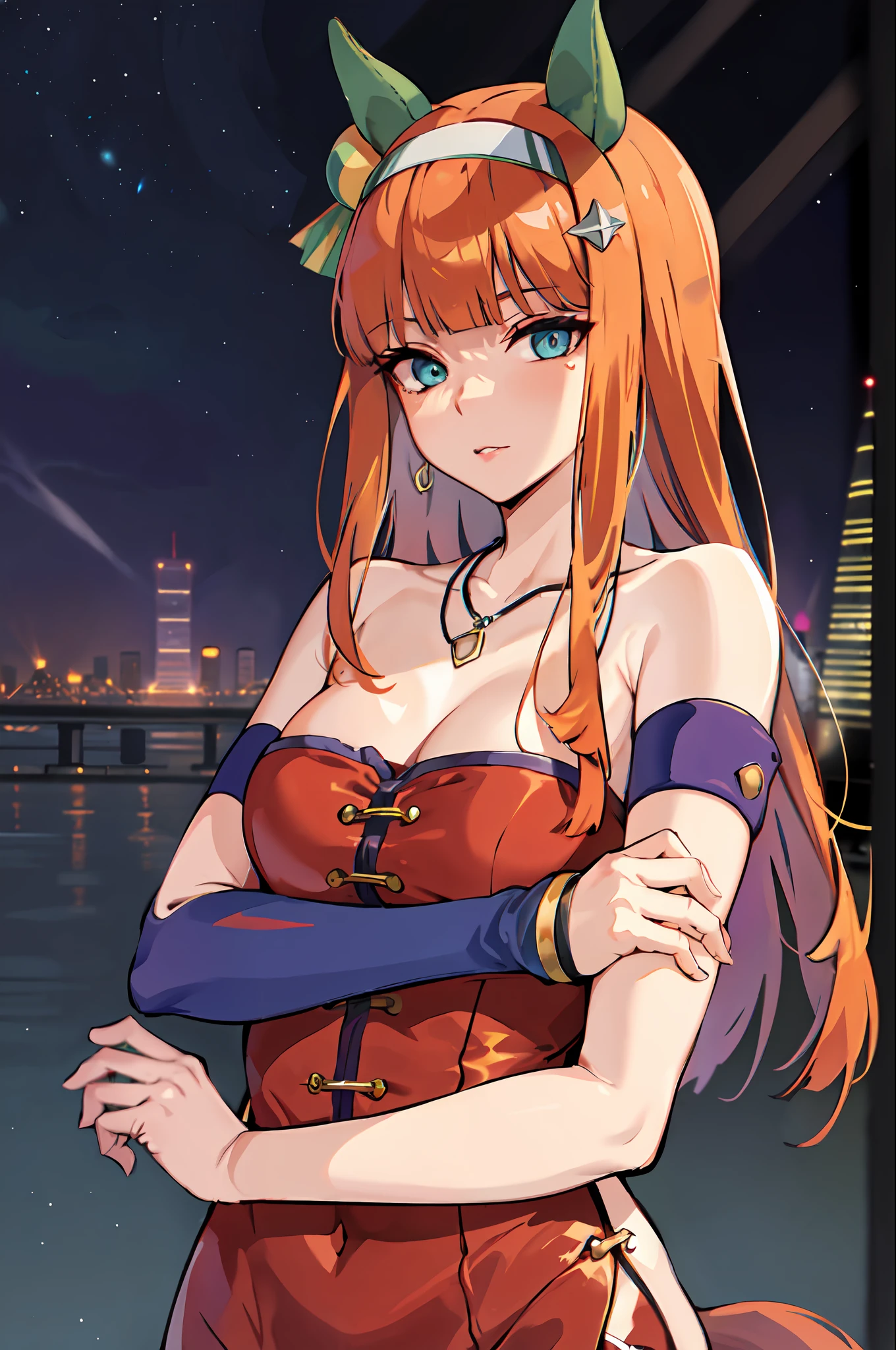 masterpiece, best quality, (clear and clear), Night, china, shanghai, (CityView:1.5),(city lights:1.3),(skyscraper:1.2),(near the bed:1.3), 1girl, solo, Silence Suzuka \(Umamusume\), Horse ears, hair ornament, Orange hair, Straight hair,, detailed face, perfect face, perfect eyes, big eyes, ganrealistic eyes, makeup, (long hair), lip, oiled, earrings, necklace, (upper body:1.3), sexy, Standing, (pose:1.5), beautiful face, jewelry, chain, gold, dancer, nipple cover, armlet