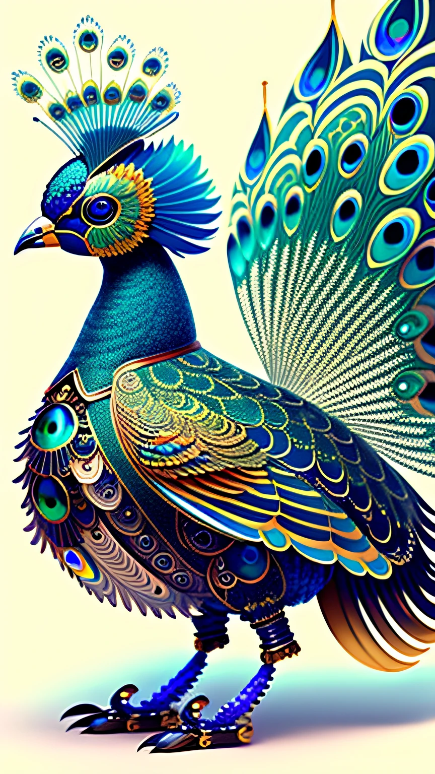 Robot mecha peacock,robot wings,earnst haeckel, James Jean. generative art, baroque, Intricate patterns, Fracturism, cinematic Film still from, Photorealistic, Vibrant peacock feathers, Intricate, elegant, Highly detailed, Digital painting, art  stations, smooth, Sharp focus, illustration, outrun, vaporware,Full body shot