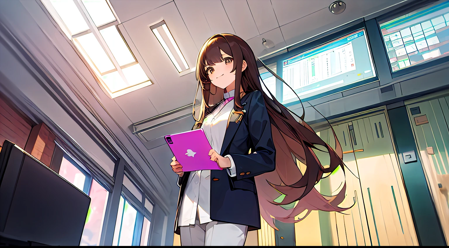 1 rapariga、s Office、hallway、Stand leaning against the wall、Stylish、Have a big tablet PC、Adult women in anime、full body Esbian、((is standing)),25-years old、full body Esbian,((Holding documents and a computer))、 mid-shot, femele, Detailed eyes, ((Have a big tablet、Beautuful Women)), ,Semi-long hair, Brown hair, Bangs、A smile、Everyday clothes、Clothes without a collar、Business Casual、Fashionable、Long sleeves,、frontage、Smiling smile、frontage、is standing、Angle from below
