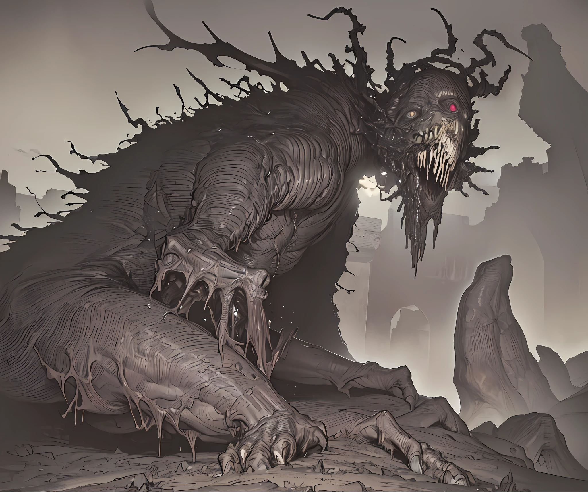 masterpiece, best quality, highres, ultra-detailed, dark night, horror, creepy ancient evil creature, abandoned mine, (manga spread by kentaro miura, tsutomu nihei)
