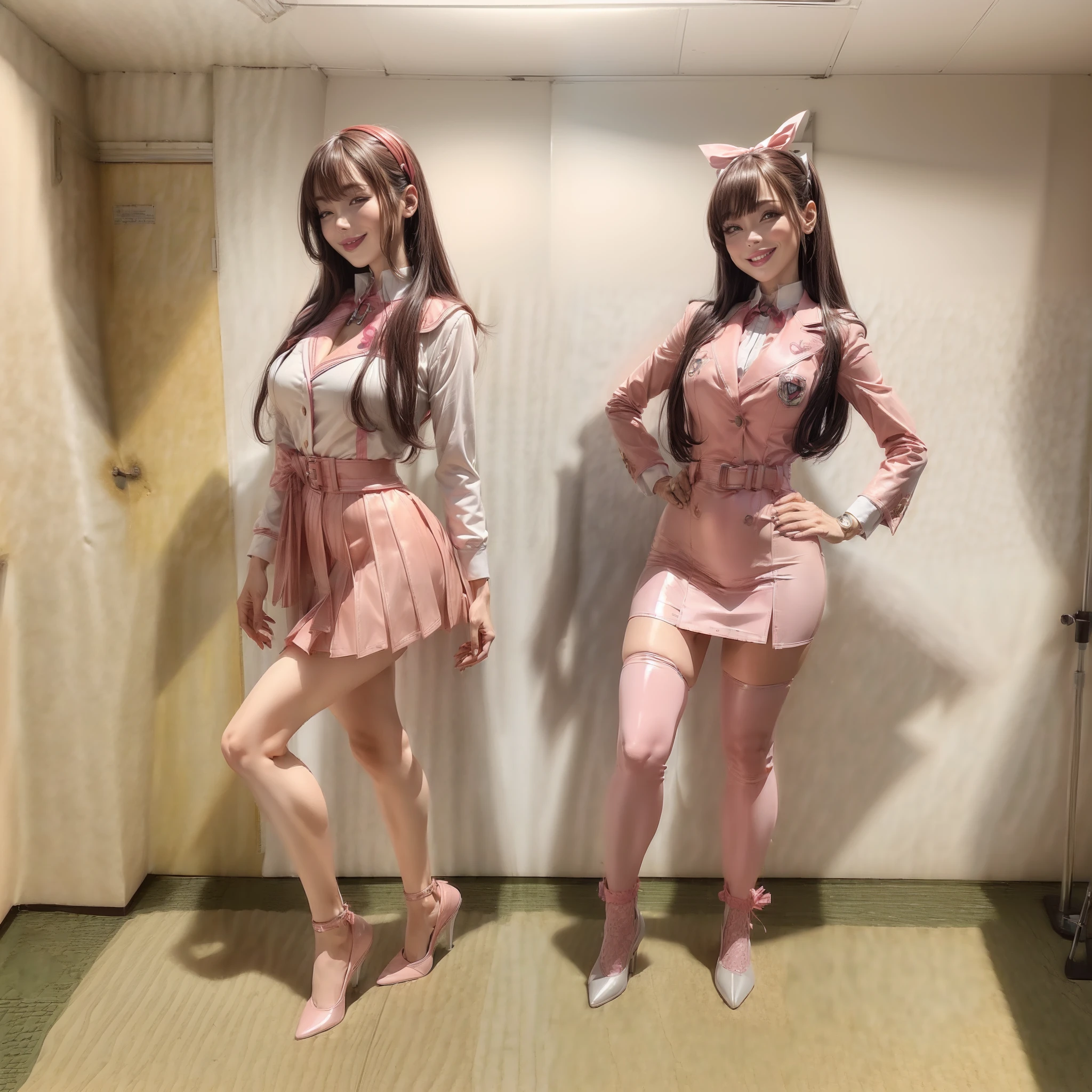 (Full body photo:2), (Full Focus:1.3), plethora of colors, anatomy correct, The character wears a JK student uniform, Pink white tones, Strangle effect, High-heeled leather shoes, anklet, leg loops, collars, Heavy makeup, A shallow laugh, Latex stockings must be worn, hyper HD, Ray traching, structurally correct, Award-Awarded, high detal, lightand shade contrast, cinmatic lighting, tmasterpiece, super detailing, high high quality, high detal, best qualityer, 16k.