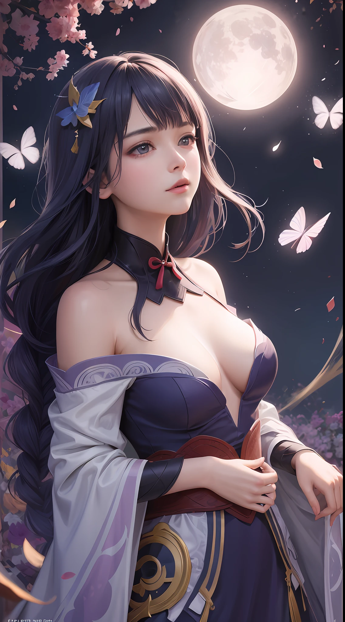 Raiden Shogun,1girll, Solo, full bodyesbian, (Masterpiece:1.21), (Best quality:1.2), Colorful, (illustration:1.2), (Cinematic lighting:1.1), (Bare shoulders:1.3), (鎖骨:1.21) ，（Large breasts:1.2)，In this whimsical and fantastic garden，The scene is rainbowed（colorful fireflies）illuminate，dance through the air。soft（Drizzle）Decorate the garden，It creates a hazy and ethereal atmosphere。There was a single teenage girl standing，Extremely delicate girl，Lovely facial features，The expression is innocent。Her long hair fluttered in the wind。She wears an ultra-low-cut strapless dress，Highlight her delicate curves。The lighting is very delicate and beautiful，Creates a soft and warm glow，Highlights the surface of the water，making it sparkle like diamonds。The finest grass is also illuminated，Create a lush carpet。The garden is surrounded by colorful fields of flowers，Flowers of all colors and shapes bloom。Various colors and sizes can be seen（Colorful butterflies）Fly around the scene，It adds to the overall sense of wonder and magic。 （Gentlemen），A flush is visible at the bridge of the nose，The mouth opened slightly，It also adds to the overall sense of innocence and youthfulness。Falling petals can be seen floating around her，It adds to the overall romance and beauty。A gentle breeze，Flowers sway，Adds to the overall dynamism and vitality。It is a scene of pure wonder and magic，Full of color and beauty，Viewers can lose themselves in this fascinating and fascinating world。