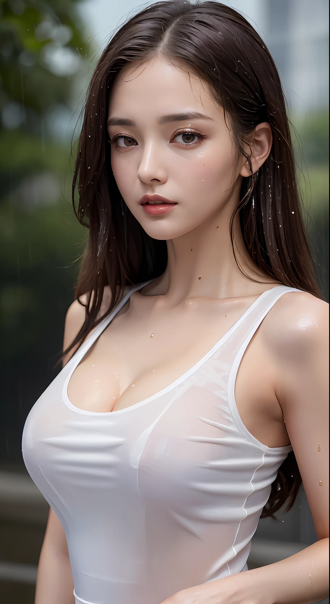 (Best quality, 4k, Masterpiece :1.3), pretty woman, 1girl, sexy :1.1, dark brown hair: 1.1, (rainy wet, wet from rain, wet body :1.2), white tank tops, ultra-detailed face, detailed lips, detailed eyes, double eyelid