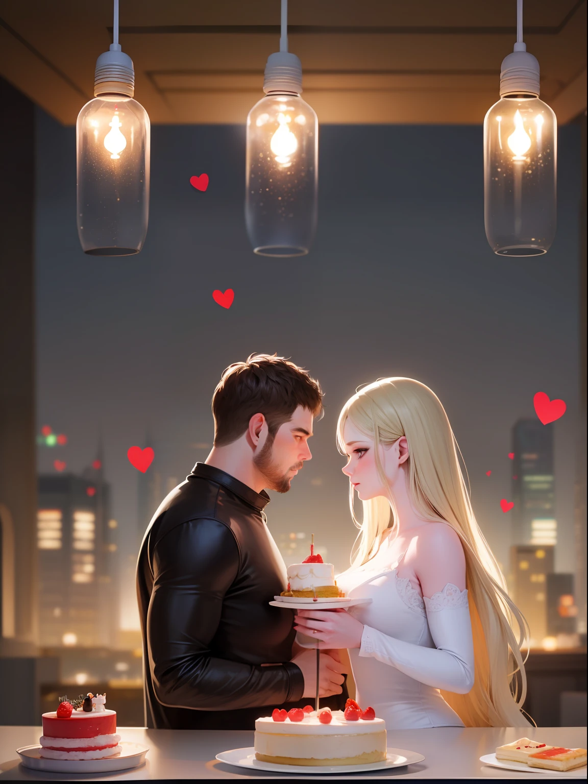 (( big man short brown hair ))with ((1woman blonde long hair)), simple background ,art style guweiz , simple background , bokeh , lovers , couple , art style guweiz , simple background , bokeh , lovers , couple ,Height difference, cooking cake