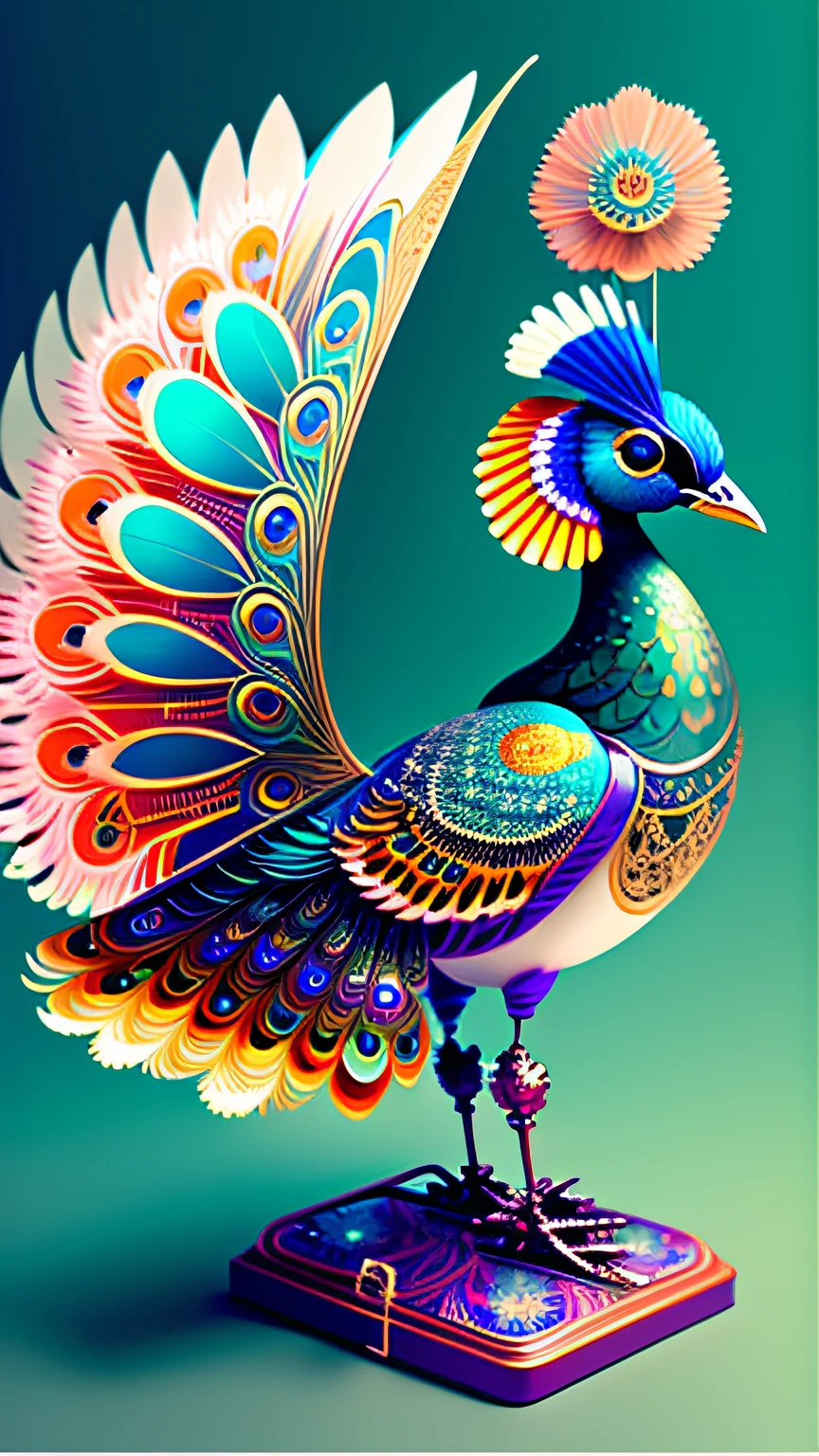 Robot mecha peacock,robot wings,earnst haeckel, James Jean. generative art, baroque, Intricate patterns, Fracturism, cinematic Film still from, Photorealistic, Vibrant peacock feathers, Intricate, elegant, Highly detailed, Digital painting, art stations, smooth, Sharp focus, illustration, outrun, vaporware,Full body shot