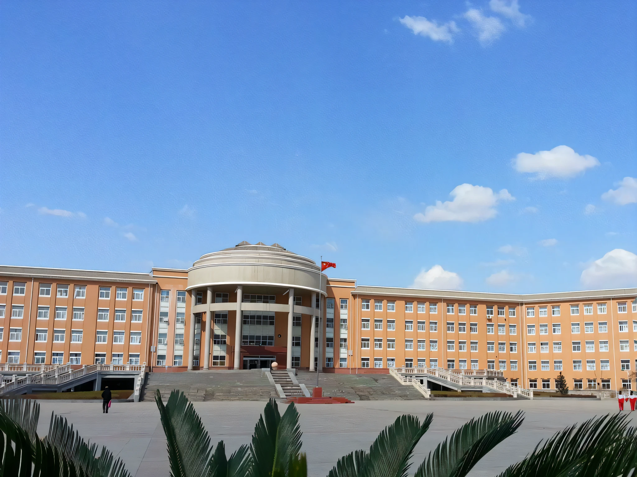 There is a building，There is a large courtyard in front, High school, pyongyang city, hospital in background, baotou china, pyongyang, full building, Wide view, Japan High School, wide portrait, school courtyard, From the front, full - view, up front view, research complex, wide long view, external view, University