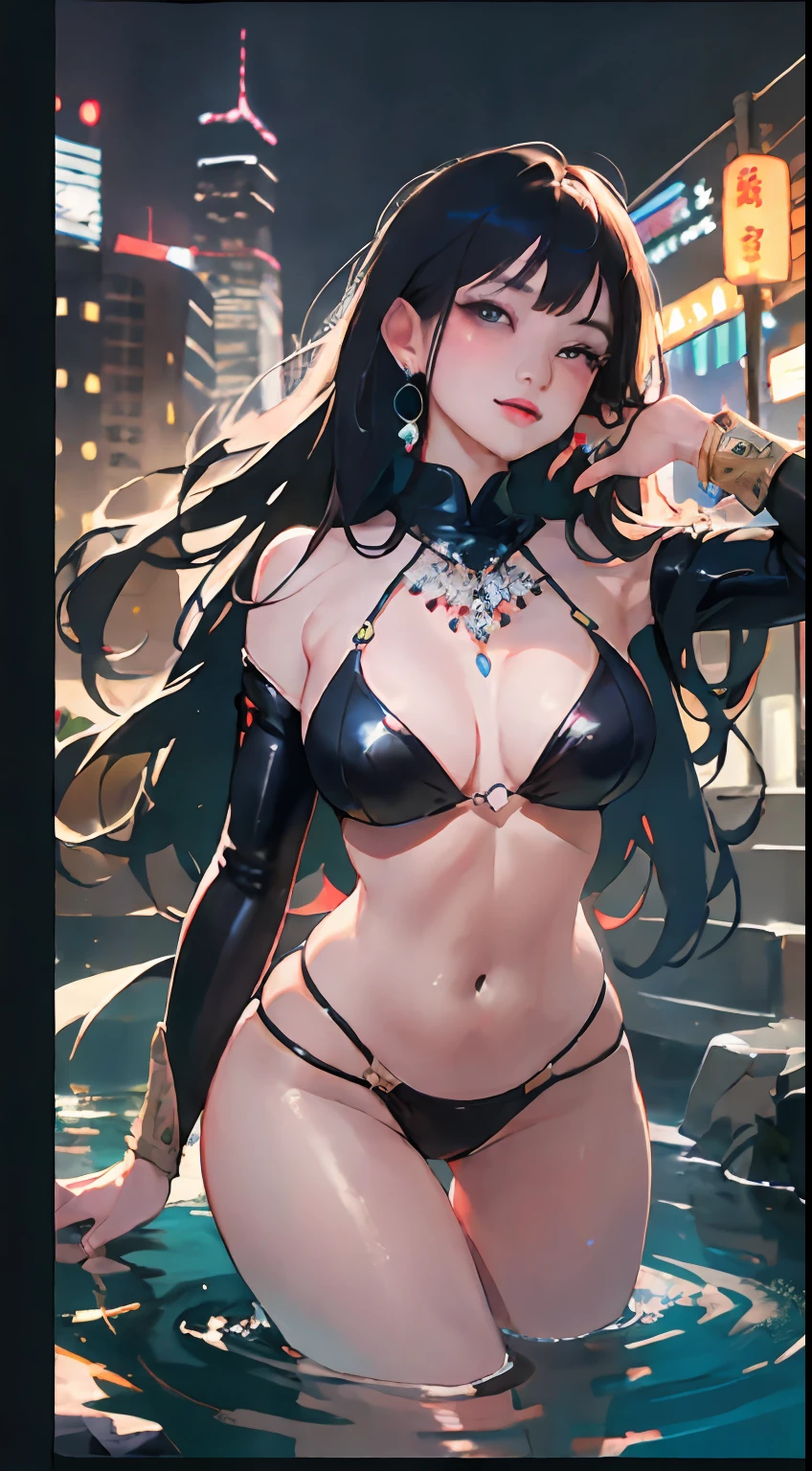 night,(night:1.8),(city lights:1.9),(black theme,),in summer,onsen,(nature:1.9),1girl,full body,black hair,very long hair,grin,sexy,unaligned breasts, dynamic angle,dynamic pose,outdoors,chinese style architecture,High color saturation,Color saturation,(jewelry:1.9),putting on jewelry, Warm light,Warm light,
ray tracing,cinematic lighting,(raw photo:1.2), (photorealistic:1.4), absurdres, incredibly absurdres, huge filesize , ultra-detailed, highres, extremely detailed,best quality ,masterpiece, illustration, an extremely delicate and beautiful, extremely detailed ,CG ,unity ,8k wallpaper, Amazing, finely detail, masterpiece,best quality, pureerosface_v1,ulzzang-6500-v1.1,