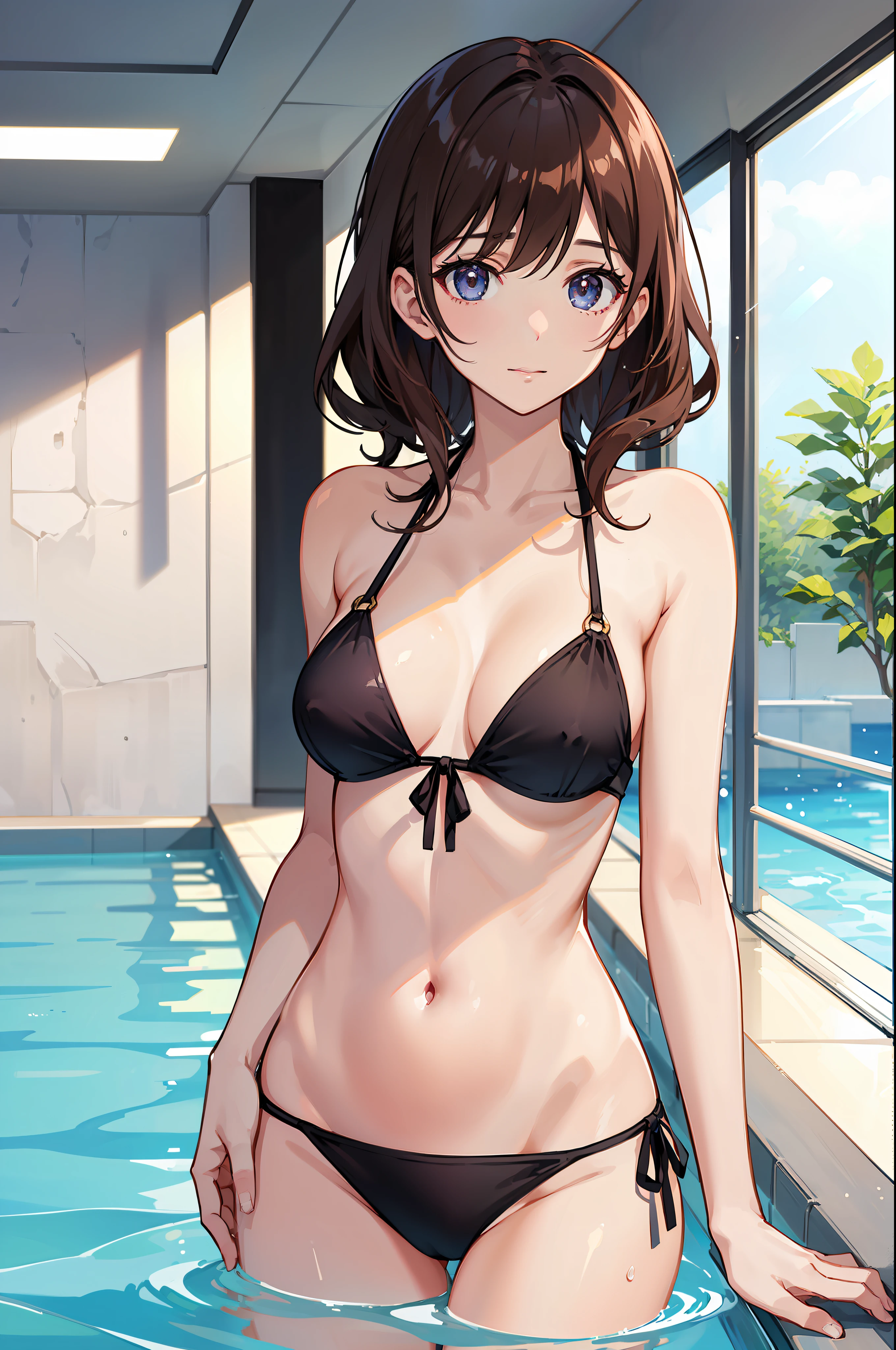 realisitic、top-quality、 1 人、Red-brown haired、Natural eye color、Shy face、maikurobikini、beautiful boob 、swimming pools、Particles of light、profetional lighting、llight rays、wall-paper、