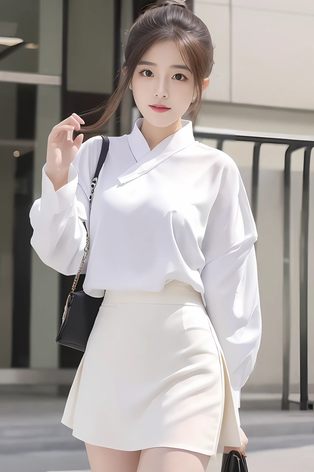 Asian woman posing for photo in white shirt and skirt, inspired by Han Gan, trending at cgstation, trending on cgstation, smooth white tight clothes suit, Asian, Asian girl, sakimichan, inspired by Gu An, sakimichan hdri, with acient chinese clothes, inspired by Gao Cen, Cheongsam
