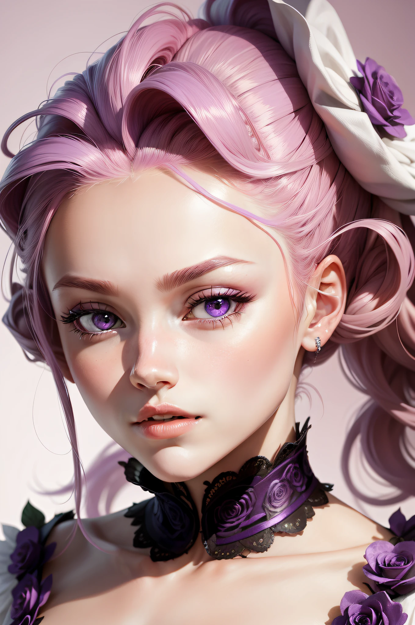 Rose with girly face，busts，Purple pupils，Pink hair