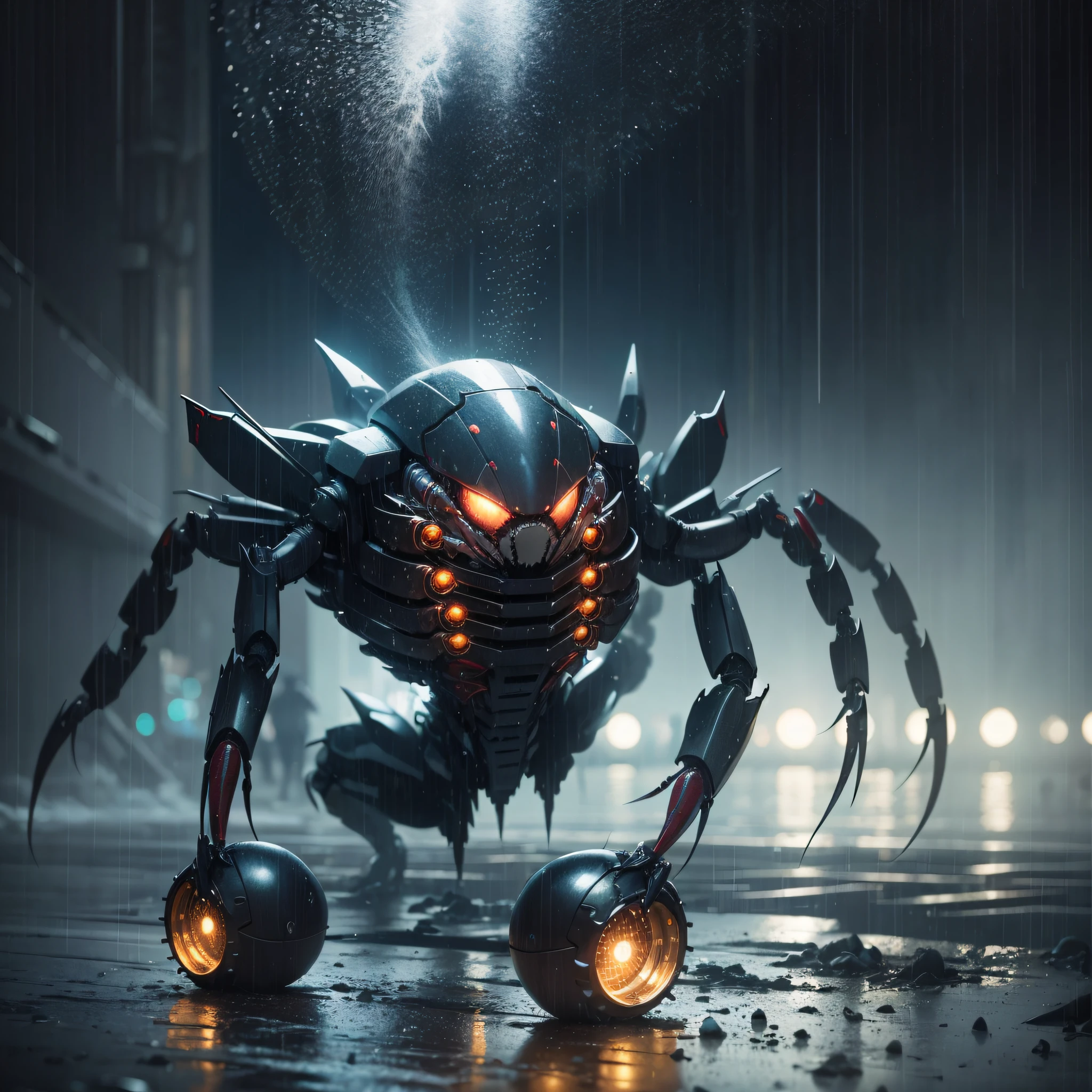 hyper realistic photograph shot, crab mech, HD, Hyper realistic, ghostly, 32k, Ridley Scott, rain, lights, cyberpunk
