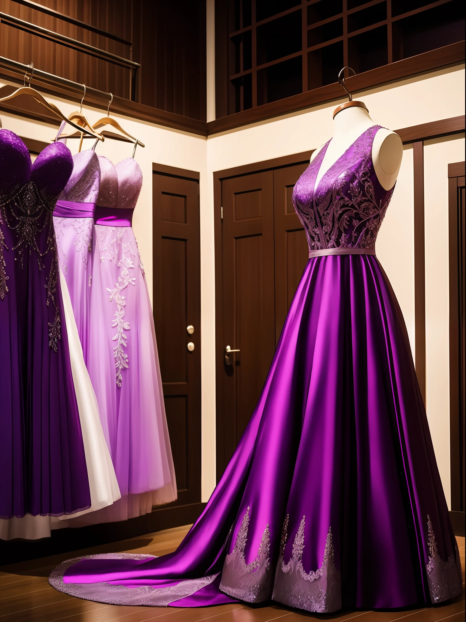 Purple ladies evening dress，Place on a hanger，Dipped beam illumination