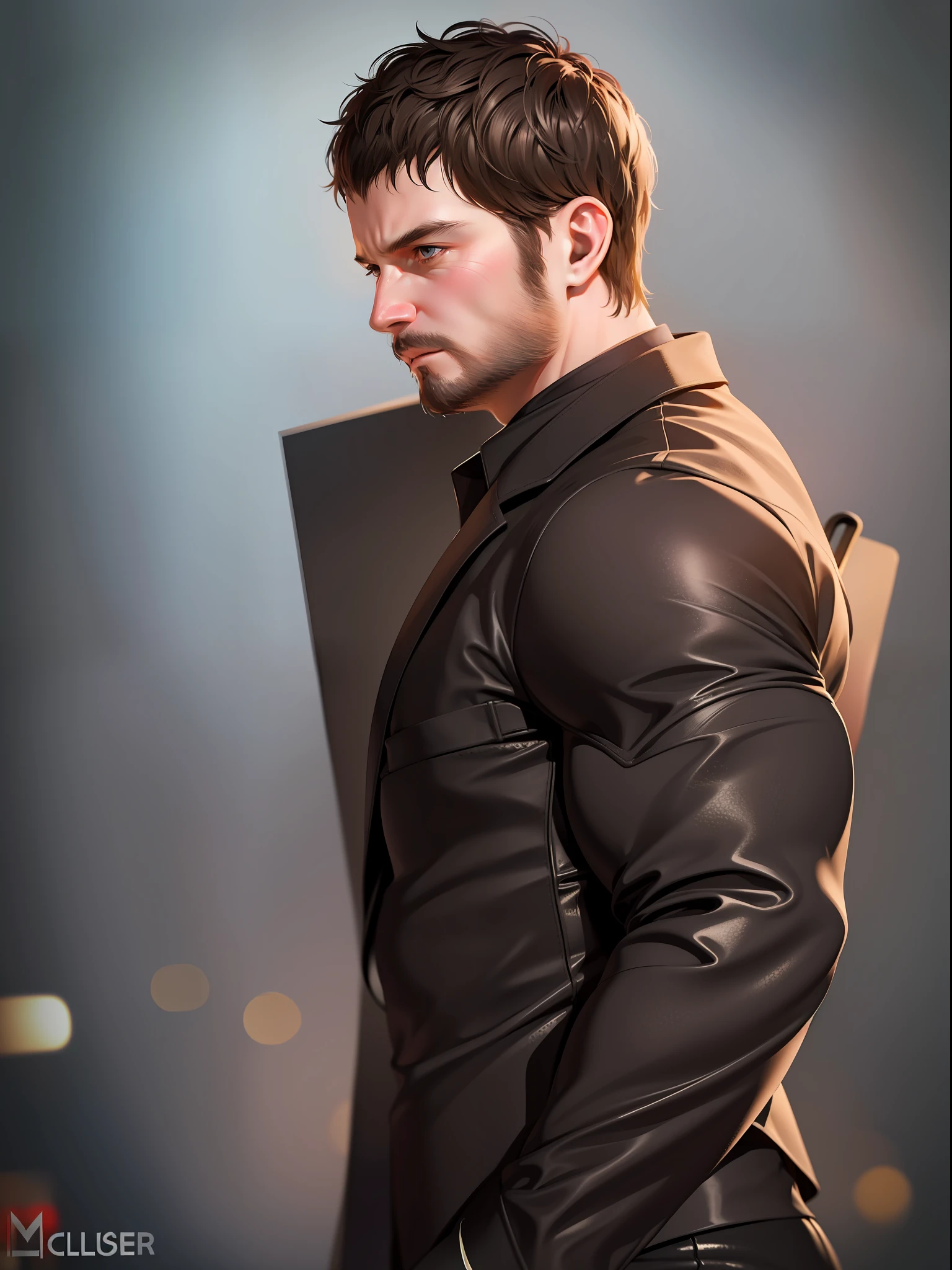 (( big man short brown hair )) man , msculer man , simple background ,art style guweiz , simple background , bokeh ,art style guweiz , simple background , bokeh