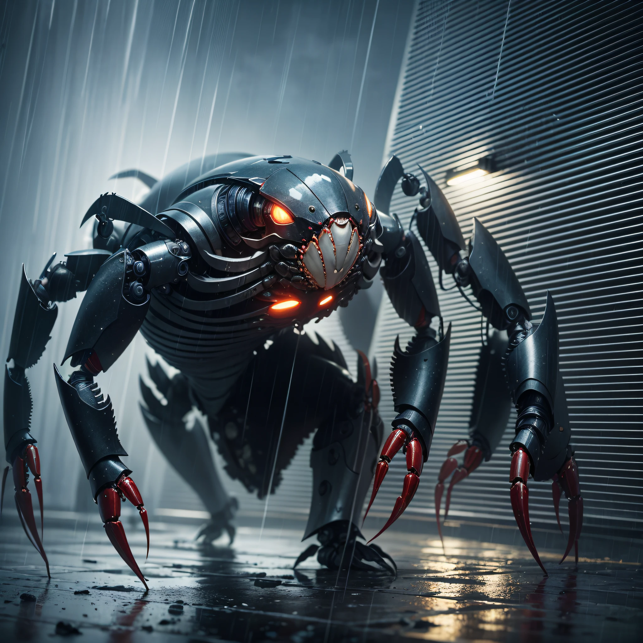 hyper realistic photograph shot, crab mech, HD, Hyper realistic, ghostly, 32k, Ridley Scott, rain, lights, cyberpunk