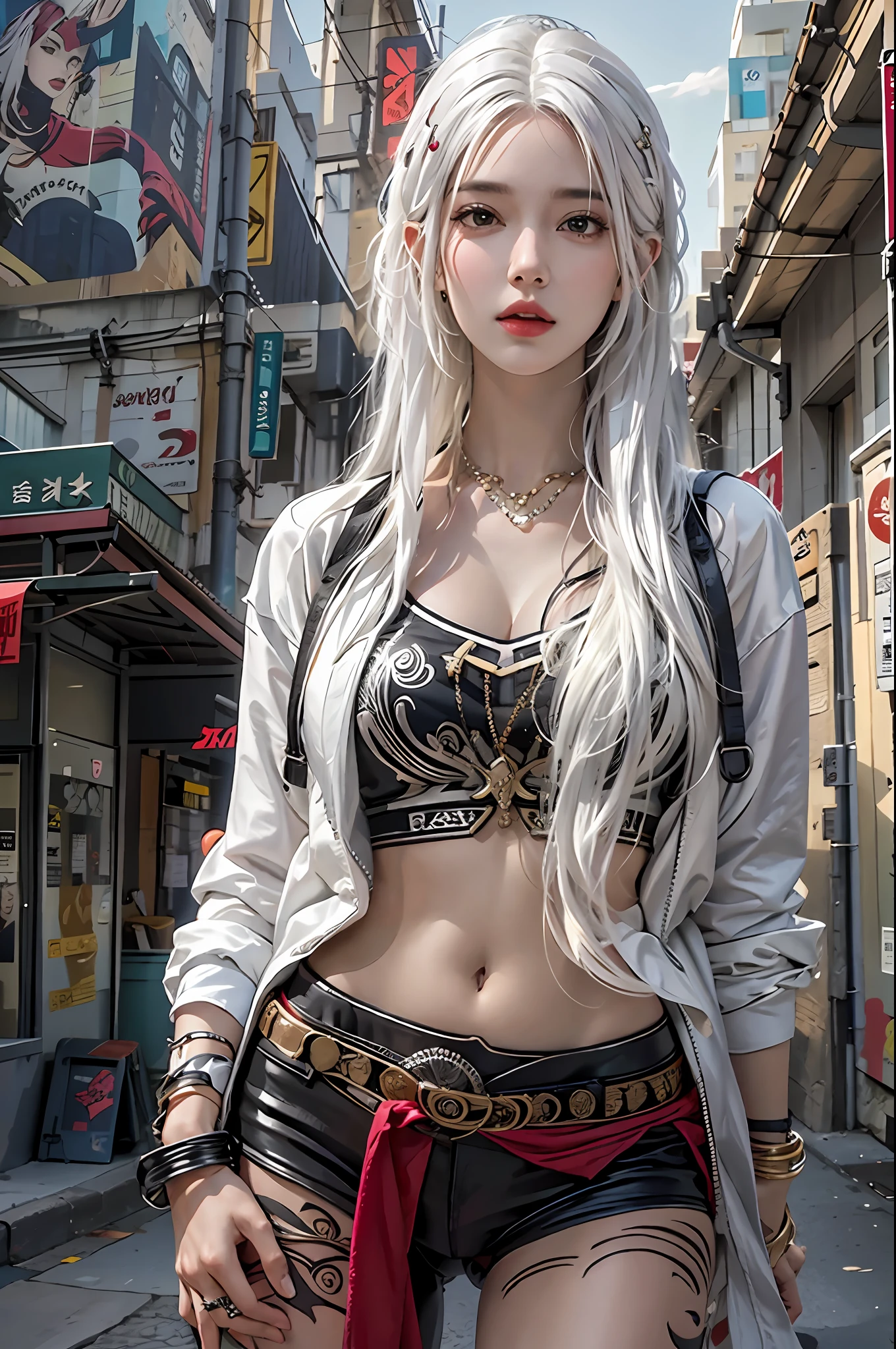 photorealistic, high resolution, 1women, solo, hips up, look at viewer, (detailed face), white hair, long hair, street wear, jewelry, belly tattoo