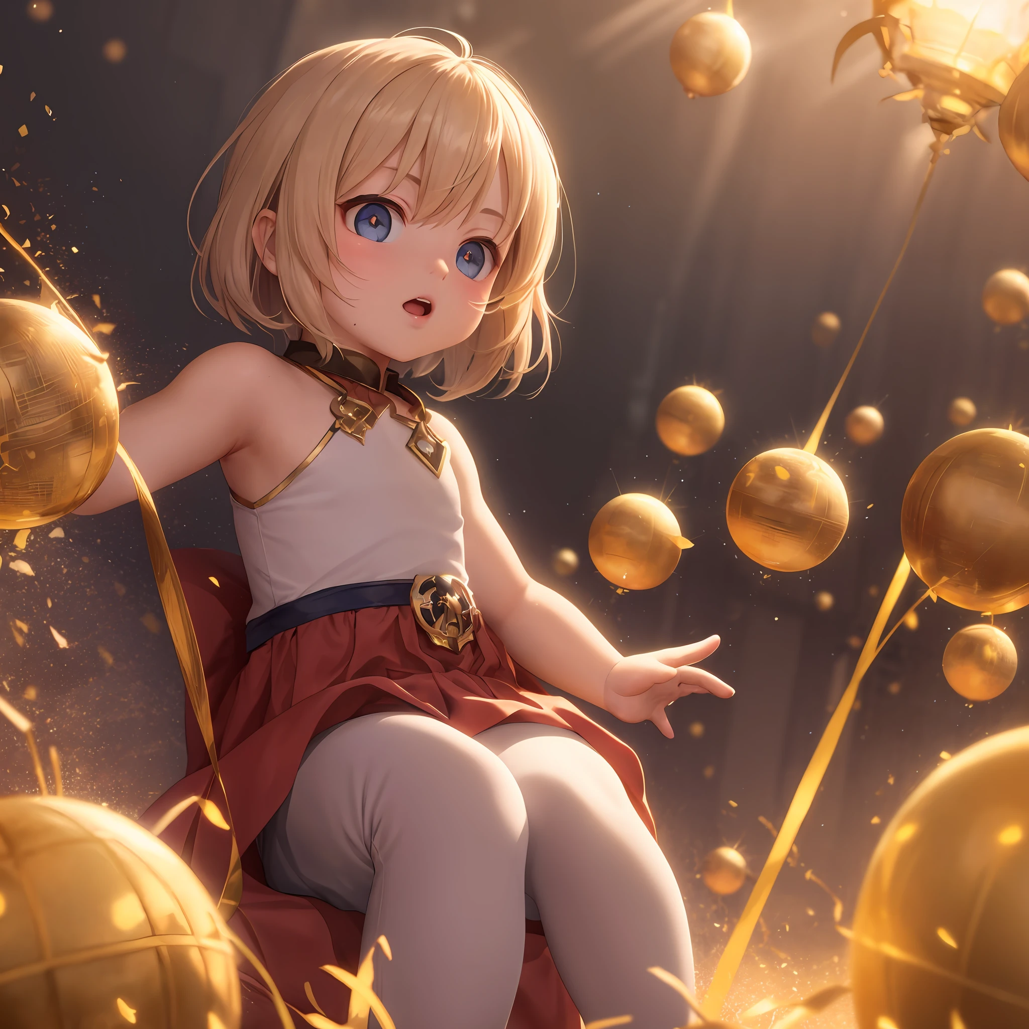 A baby is surrounded by several golden light masses
