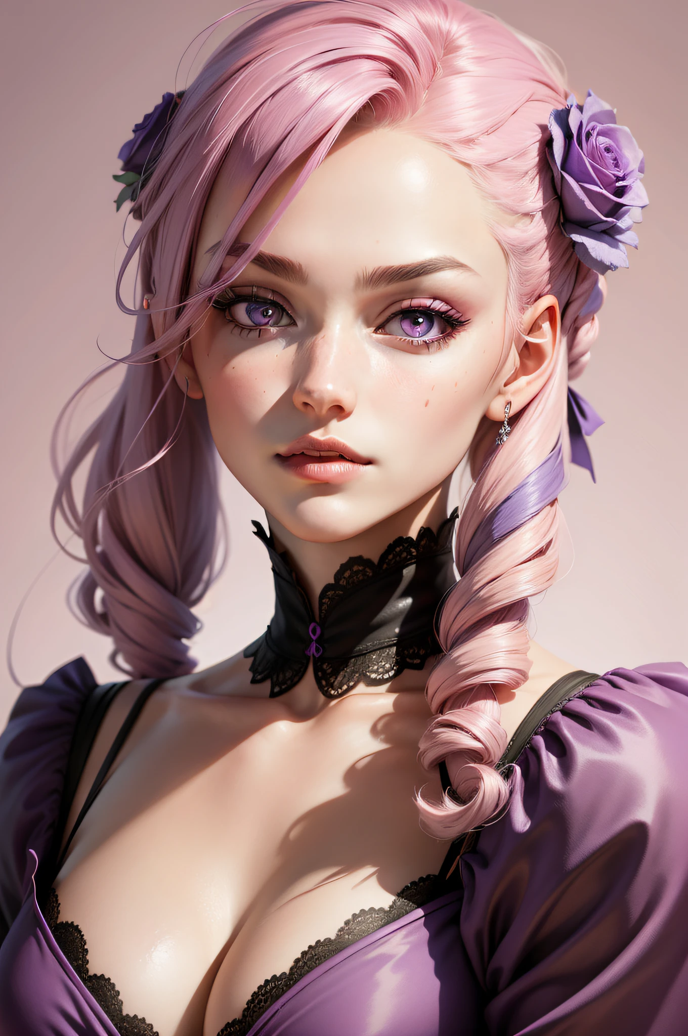 Rose with girly face,busts,Purple pupils,Pink hair