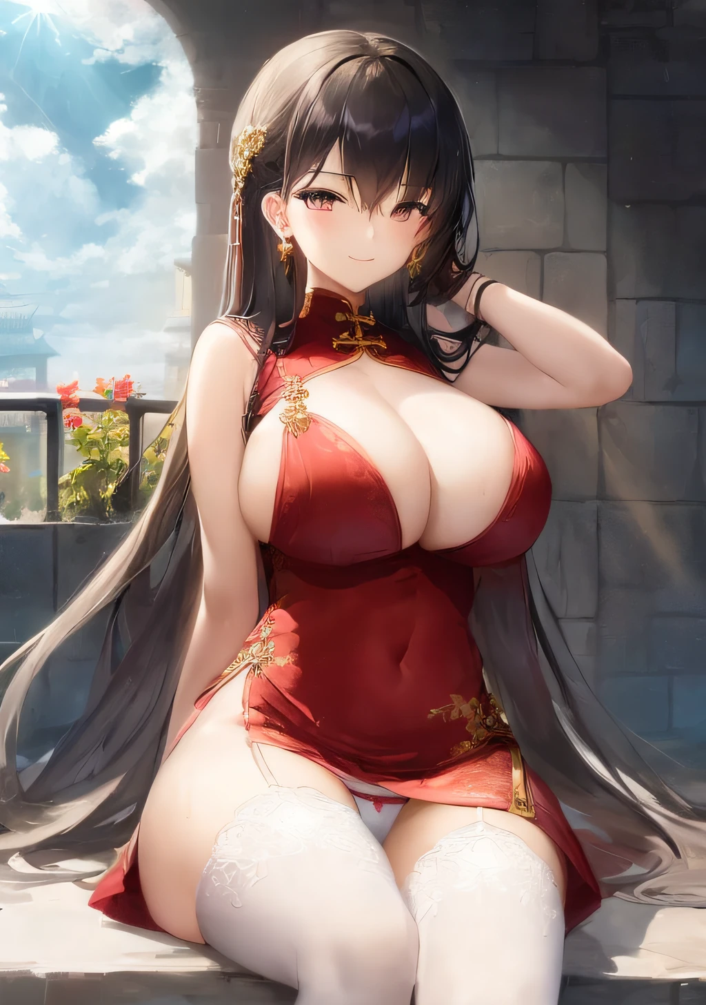 beautidful eyes, Divine rays, Silk, indoor, blindfold, Hair ornaments, red dress, bra, Hair Stick, Black hair, Sit, legs open, jewellery, hands on breasts, Transparent, Looking at the viewer, Hair ornaments, Choker, shy, Smile, (Masterpiece, Top  Quality, Best Quality, Official Art, Beautiful and aesthetic: 1.2), (1 Girl), Extremely detailed, colourfull, Explain in as much detail as possible,  (Huge breasts: 1.2,) upper half body, Blow(bleow), cameltoe, White transparent small panties, skirtlift, China City, Street, sun, clouds, Wall, leaning,