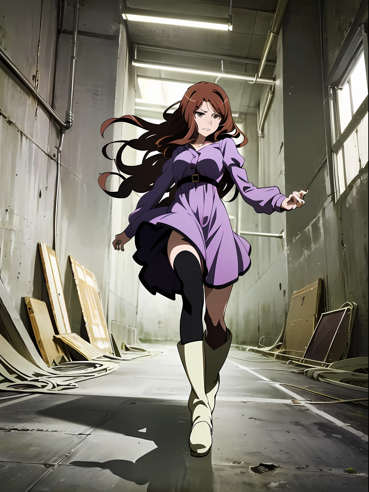 ((((running front)))),(((white boots))),(((close-up to feet))),((((angle from front)))),((((horizontal view)))),(at night),((((dramatic shadows)))),
highres, shizuri1, 1girl, solo, thighhighs, white boots,brown hair, long hair, brown eyes, black thighhighs, purple dress,(((abandon factory))),
((((((((masterpiece)))))))), best quality, highly detailed, extremely detailed CG unity 8k wallpaper,illustration,sfw,
indoor,((((abandon factory)))),(at night),spotlight,(((grey background))),(grey wall),wire,pipe,(night),