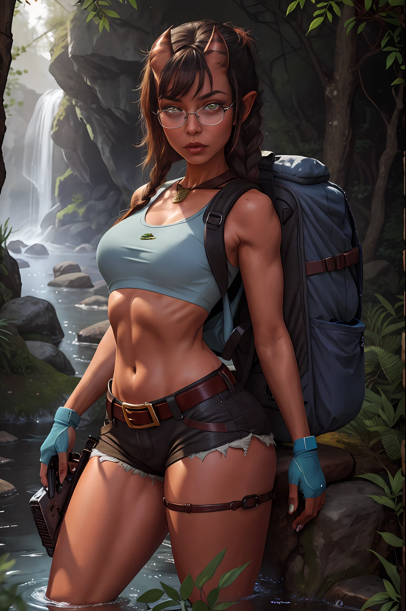 download on e621, solo, cosplay of (beautiful female:1.3), (Meru, Merunyaa:1.2), (devil-girl),  ( face of Angelina Joli ),  ( fit, abs),  (busty),(Large erect breasts:1.2),(huge chests),erect nippleslips,  slim waist, cameltoe, (red hair),redhead, long braid, freckles ( Meru | Lara Croft ), (female),(female body),  (slim sports body), sports tummy, BREAK
red body, (1demon tail),  ( kemono :0), (red burned skin), shining oily skin, (2short horns), Half-nude,  BREAK
( khaki shorts:1.2 ),  BREAK 
(lightblue crop top:1.2), (free croptop bottom:1.2), [[slim swimsuit]], BREAK
( 2pistolholsters on her both thighs ), (thigh knife strap), wide belt, leather straps on hips and biceps,    
( 1small backpack on her back:1.2), army boots,  black leather tactic fingerless gloves, BREAK
( (red) round glasses :1.2), (red glasses),  BREAK
ancient medallion around the neck (between her boobs),
    
(body portrait),              
(detailed eyes, detailed cat-pupils, yellow eyes, glowing eyes), BREAK
outdoors,   
tomb raider, in ancient tomb, light of torches,
on darkness background, reflections of lights,   
(particles ,firefly,soft blue glowing, bioluminescence ),romantic mood, BREAK
seeker of adventures, tomb raider,

 seduct, serious look,   BREAK
beautiful face, face makeup, detailed plump lips, long eyelashes,
masterpiece, best quality, detailed background, photorealistic, realism, sharp focused pupils, realistic hands, 8k HD, high res, hi-res, 
(dark shadows, wide dynamic range, hdr, low light:1.2),
by Pino Daeni, by ruaidri, by virtyalfobo, by Kenket, (by iskra, by darkgem, by merunyaa),