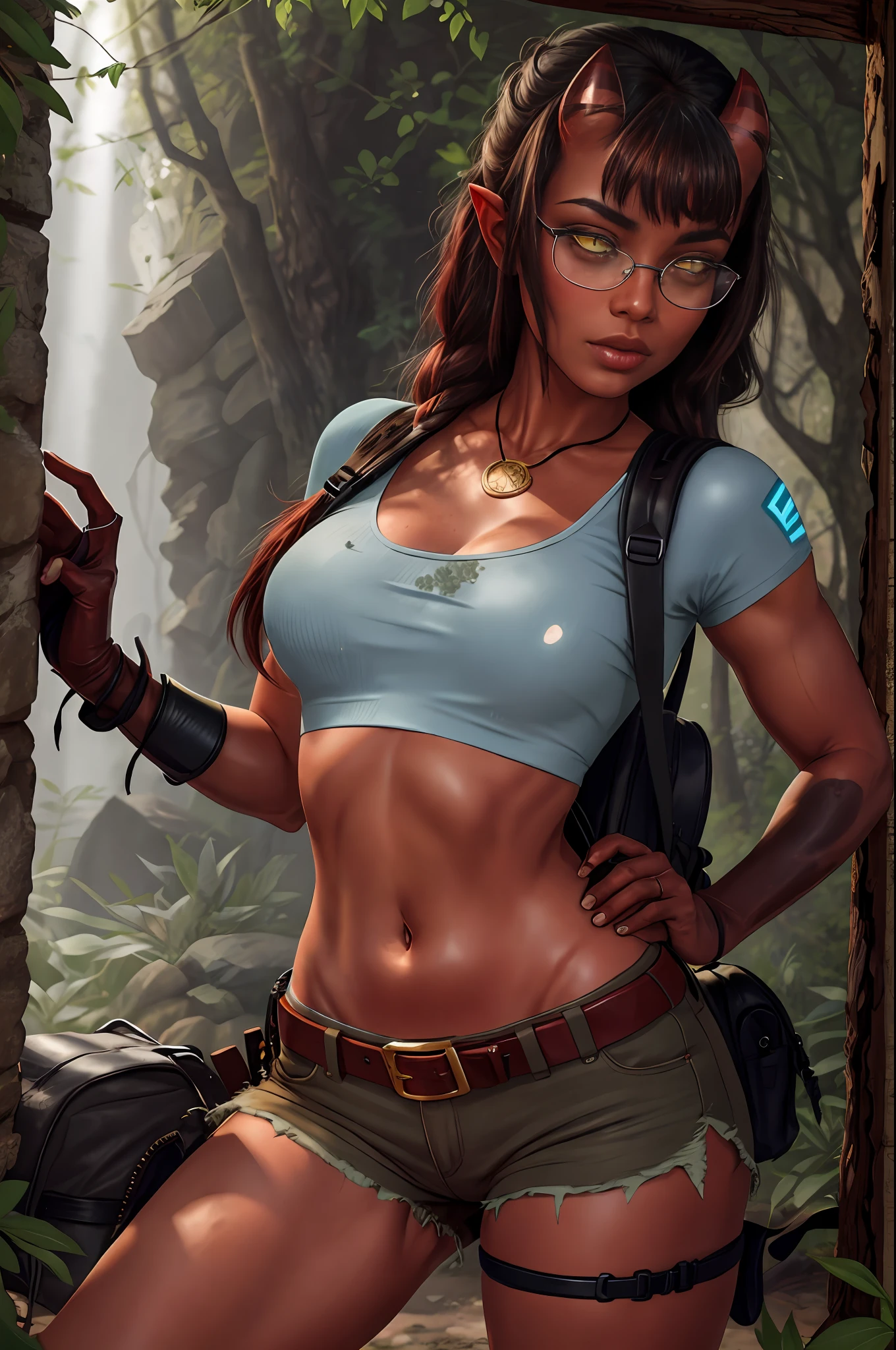 download on e621, solo, cosplay of (beautiful female:1.3), (Meru, Merunyaa:1.2), (devil-girl),  ( face of Angelina Joli ),  ( fit, abs),  (busty),(Large erect breasts:1.2),(huge chests),erect nippleslips,  slim waist, cameltoe, (red hair),redhead, long braid, freckles ( Meru | Lara Croft ), (female),(female body),  (slim sports body), sports tummy, BREAK
red body, (1demon tail),  ( kemono :0), (red burned skin), shining oily skin, (2short horns), Half-nude,  BREAK
( khaki shorts:1.2 ),  BREAK 
(lightblue crop top:1.2), (free croptop bottom:1.2), [[slim swimsuit]], BREAK
( 2pistolholsters on her both thighs ), (thigh knife strap), wide belt, leather straps on hips and biceps,    
( 1small backpack on her back:1.2), army boots,  black leather tactic fingerless gloves, BREAK
( (red) round glasses :1.2), (red glasses),  BREAK
ancient medallion around the neck (between her boobs),
    
(body portrait),              
(detailed eyes, detailed cat-pupils, yellow eyes, glowing eyes), BREAK
outdoors,   
tomb raider, in ancient tomb, light of torches,
on darkness background, reflections of lights,   
(particles ,firefly,soft blue glowing, bioluminescence ),romantic mood, BREAK
seeker of adventures, tomb raider,

 seduct, serious look,   BREAK
beautiful face, face makeup, detailed plump lips, long eyelashes,
masterpiece, best quality, detailed background, photorealistic, realism, sharp focused pupils, realistic hands, 8k HD, high res, hi-res, 
(dark shadows, wide dynamic range, hdr, low light:1.2),
by Pino Daeni, by ruaidri, by virtyalfobo, by Kenket, (by iskra, by darkgem, by merunyaa),