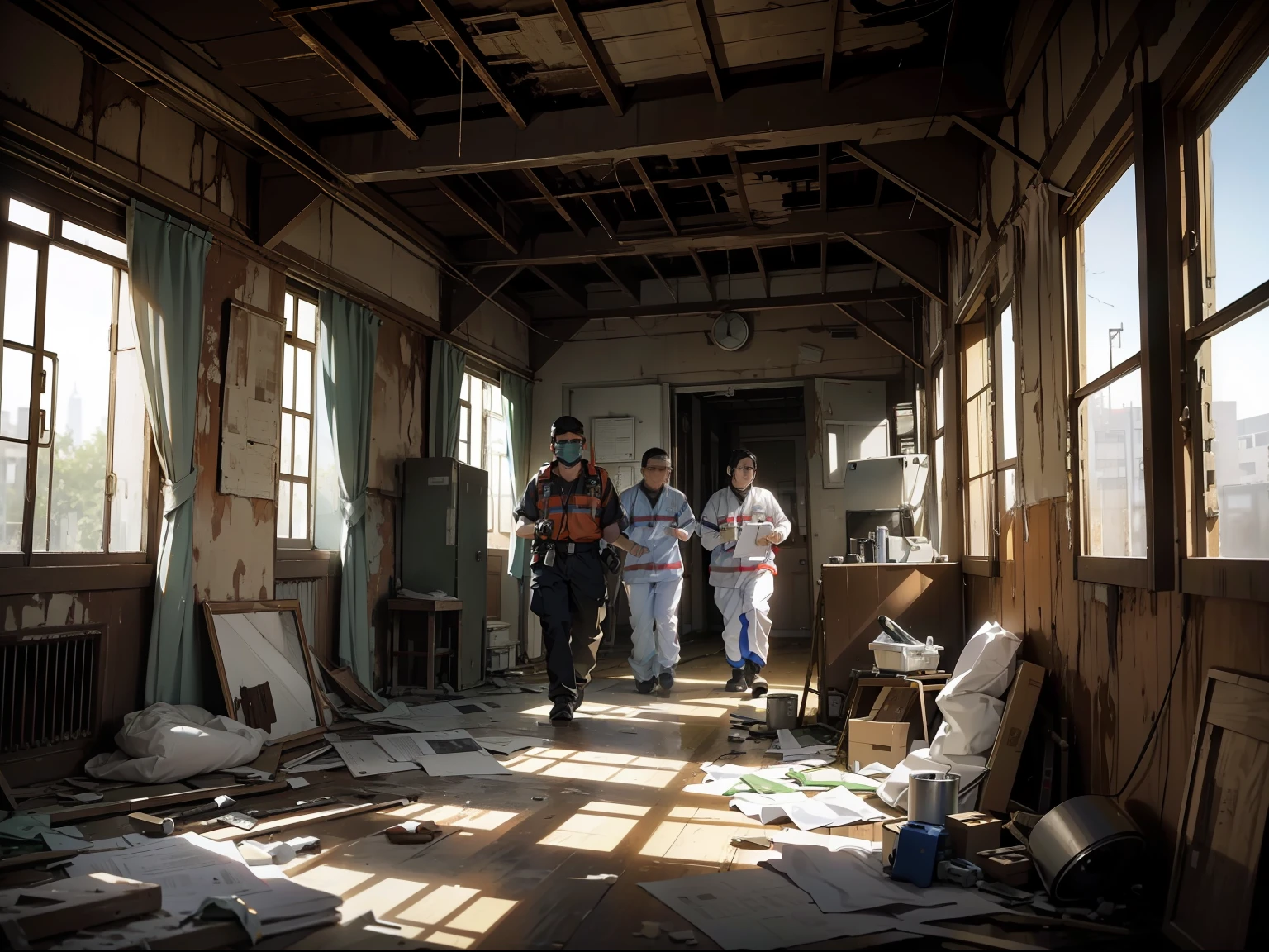 tmasterpiece, Best quality at best,((Background with:inside a room),1 group of ambulance workers,Search in a dilapidated room,Realisticstyle,