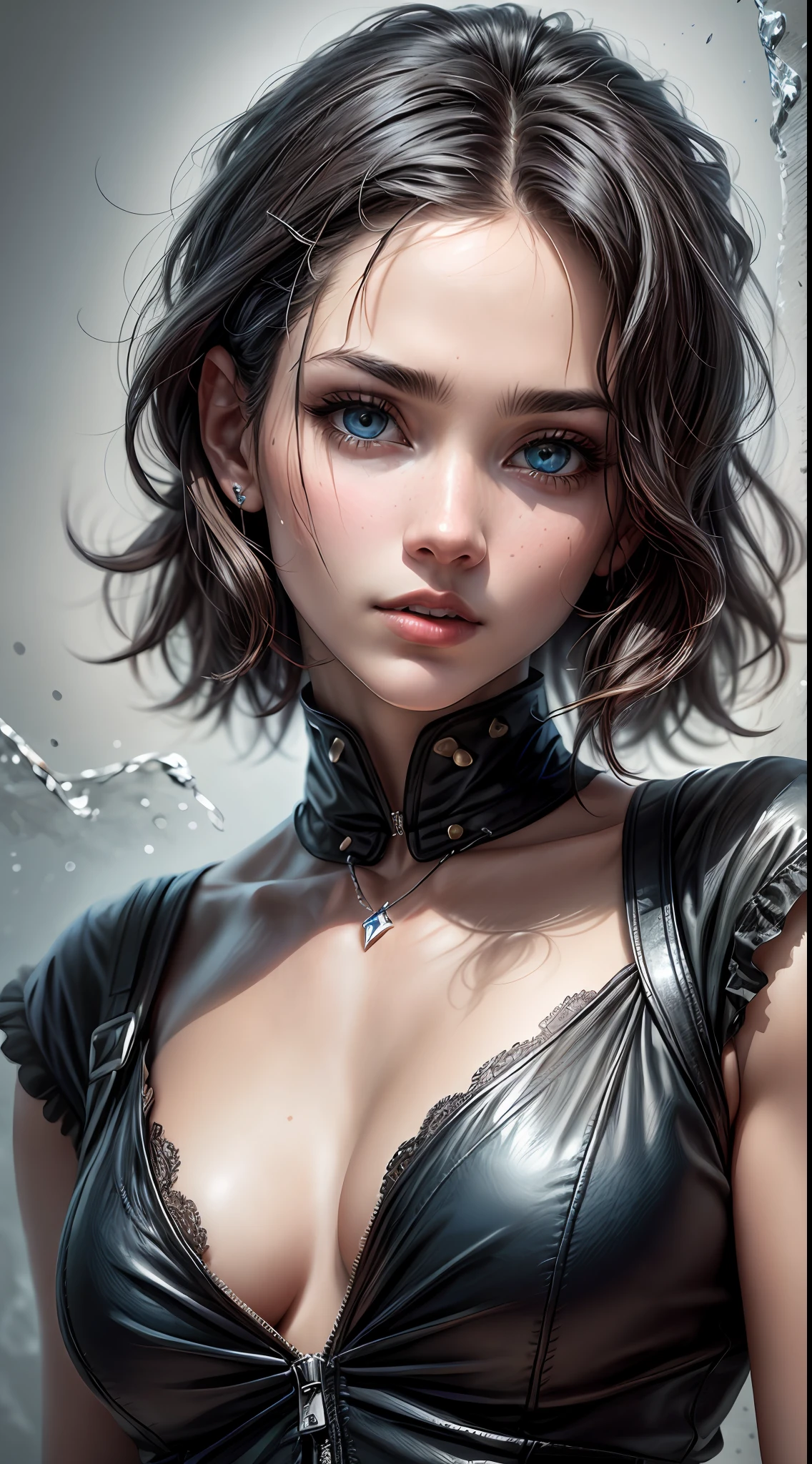 A mesmerizing masterpiece capturing a photorealistic portrayal of a woman with black hair cascading around her face. Her piercing blue eyes, subtly blurred yet captivating, draw the viewer's gaze with an intensity reminiscent of "The Matrix." She gazes directly at the viewer, exuding confidence and intrigue. The lighting is expertly crafted, casting beautiful shadows and highlighting her features with professional precision. The background is softly blurred, emphasizing her presence while maintaining a sense of depth. The portrait exudes a sense of realism, with meticulous attention to detail, including the texture of her short hair and the subtle nuances of her parted lips. The image showcases a film grain effect, adding an artistic touch and enhancing the overall atmosphere