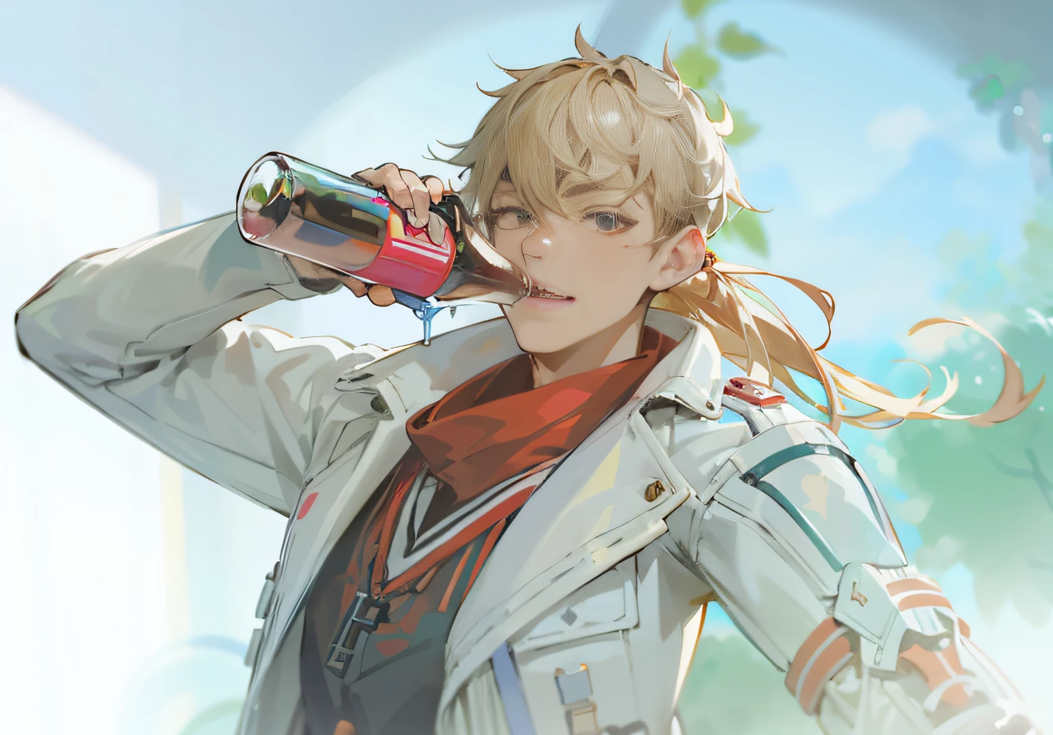 Anime - a stylistic image of a man drinking soda from a bottle, trigger anime artstyle, Guviz-style artwork, Inspired by Bian Shoumin, crisp clear rpg portrait, Key anime art, highly detailed exquisite fanart, High-quality fanart, from girls frontline, Keqing from Genshin Impact, author:New Art, drinking a drink