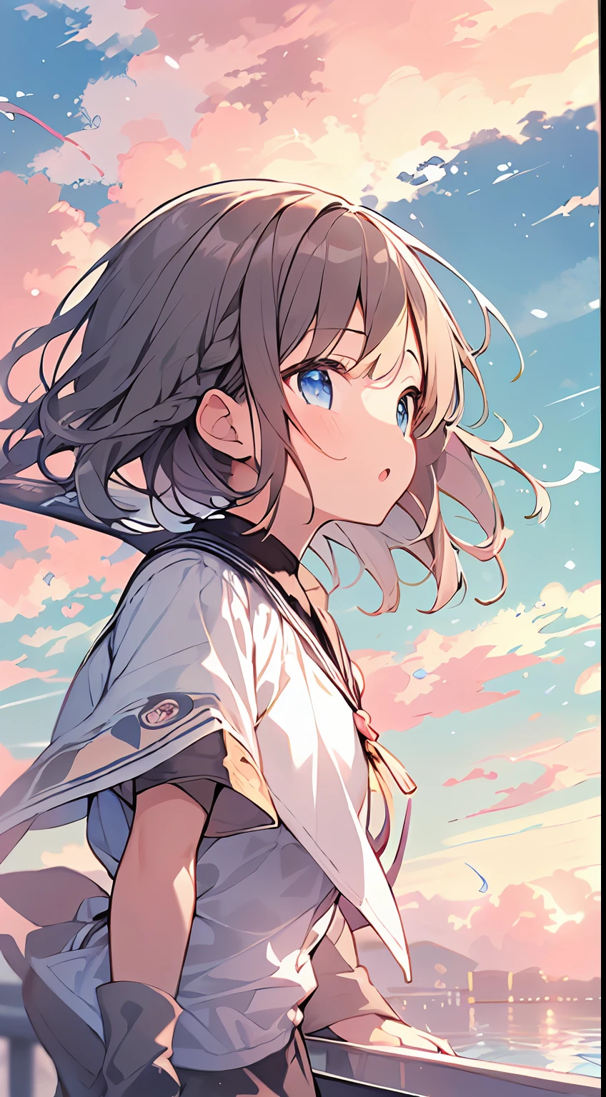 Anime girl with long hair and blue eyes looking out over the water ...