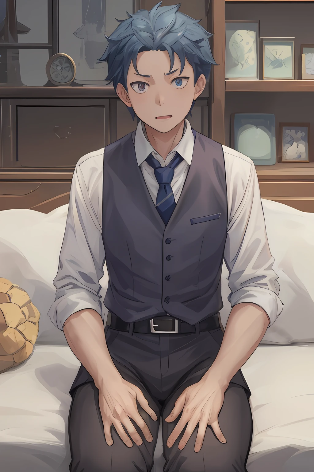 (1 Adult male),A high resolution, Sharp focus, Pixiv masterpiece, ((Complicated details)), highly detailed, natsuki_subaru, 1 man, with her mouth open,full bodyesbian,sit astride, blue colored eyes(eyes glowing), blue short hair,white shirt,Wear a tie,Wear a belt,perspire,look from down