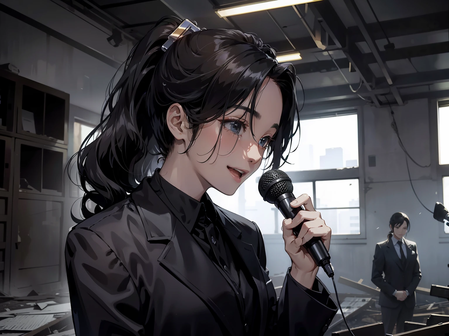 Masterpiece, Best quality,1 female journalist,happy laughing,Wearing a black suit,Wavy ponytail hair,holding microphone in hand,Standing in a dilapidated room,