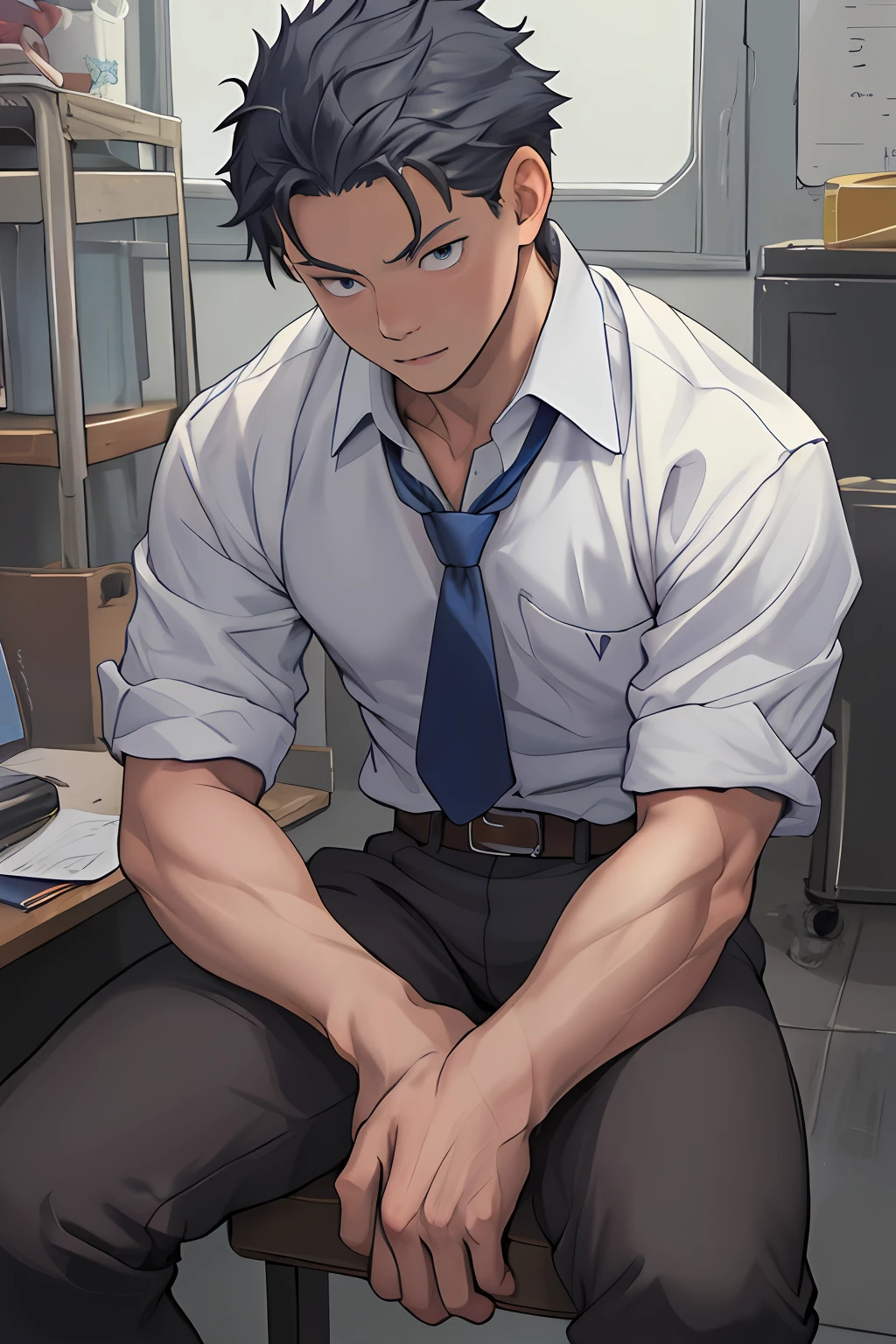 (1 Adult male),A high resolution, Sharp focus, Pixiv masterpiece, ((Complicated details)), highly detailed, natsuki_subaru, 1 man, with her mouth open,full bodyesbian,sit astride, blue colored eyes(eyes glowing), blue short hair,white shirt,Wear a tie,Wear a belt,perspire,look from down