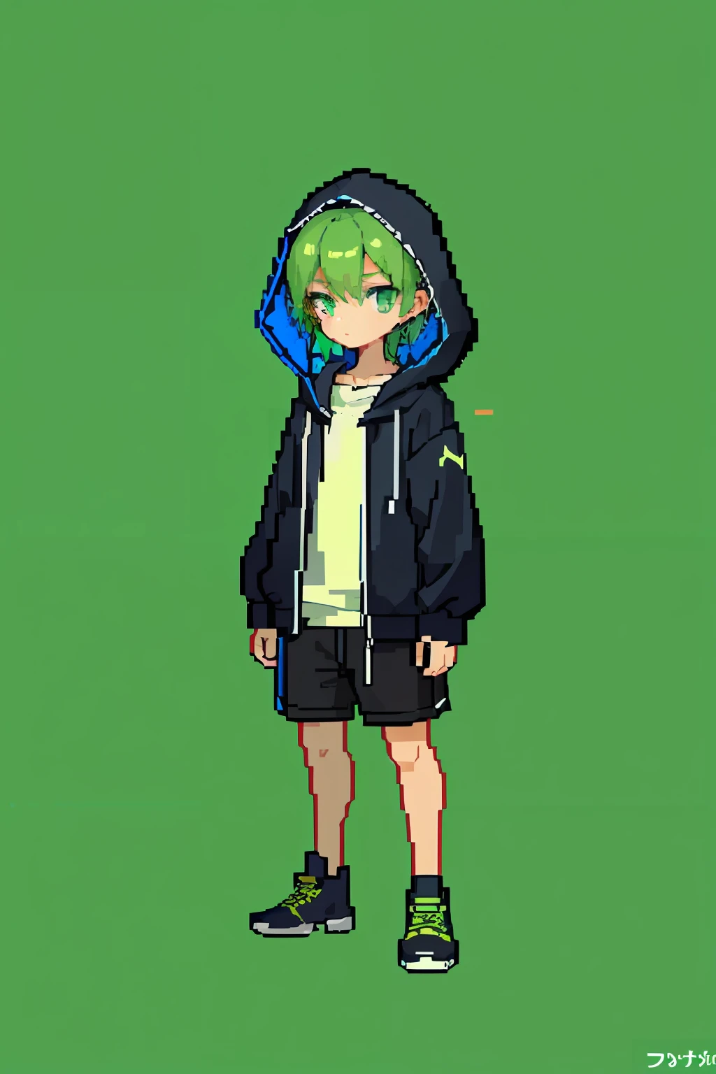 (Masterpiece, Top Quality, Best Quality), Pixel, Pixel Art, 1boy, Full Body, Avatar, Black Inch, Dark Green Hooded Sweatshirt, Wheat Complexion, Loose Shorter Shorts, Light Green Solid Background
