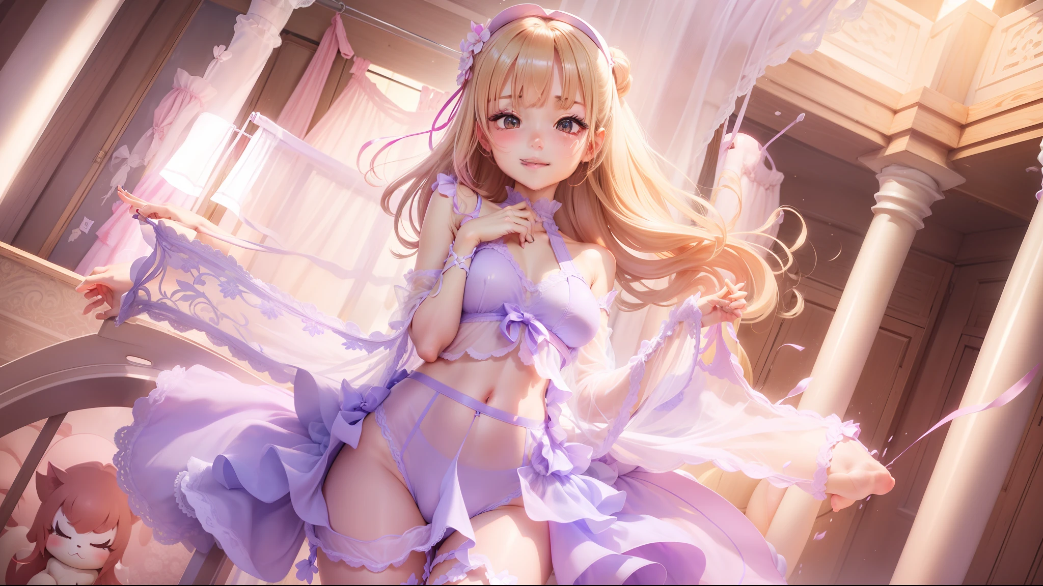 hightquality、masutepiece、Clean face、mekosji、invisible clothes、Opening legs、very transparent clothing、very transparent underwear、Open your legs、Open your legs on your back、Opening legs、Open your legs in an M shape、Chignon、pinkcolor、A smile、plump thighs、Navel、Chest、Perforated lingerie