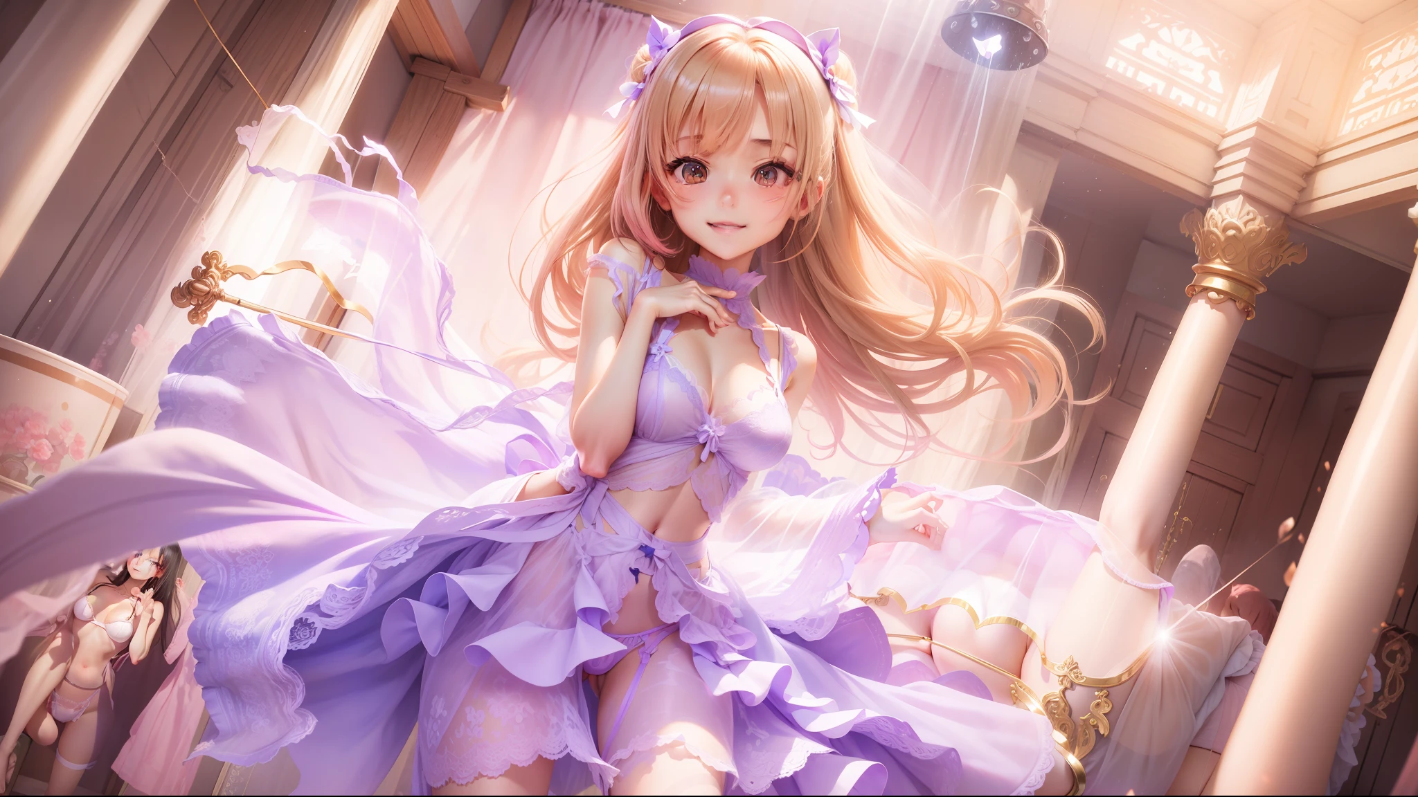 hightquality、masutepiece、Clean face、mekosji、invisible clothes、Opening legs、very transparent clothing、very transparent underwear、Open your legs、Open your legs on your back、Opening legs、Open your legs in an M shape、Chignon、pinkcolor、A smile、plump thighs、Navel、Chest、Perforated lingerie