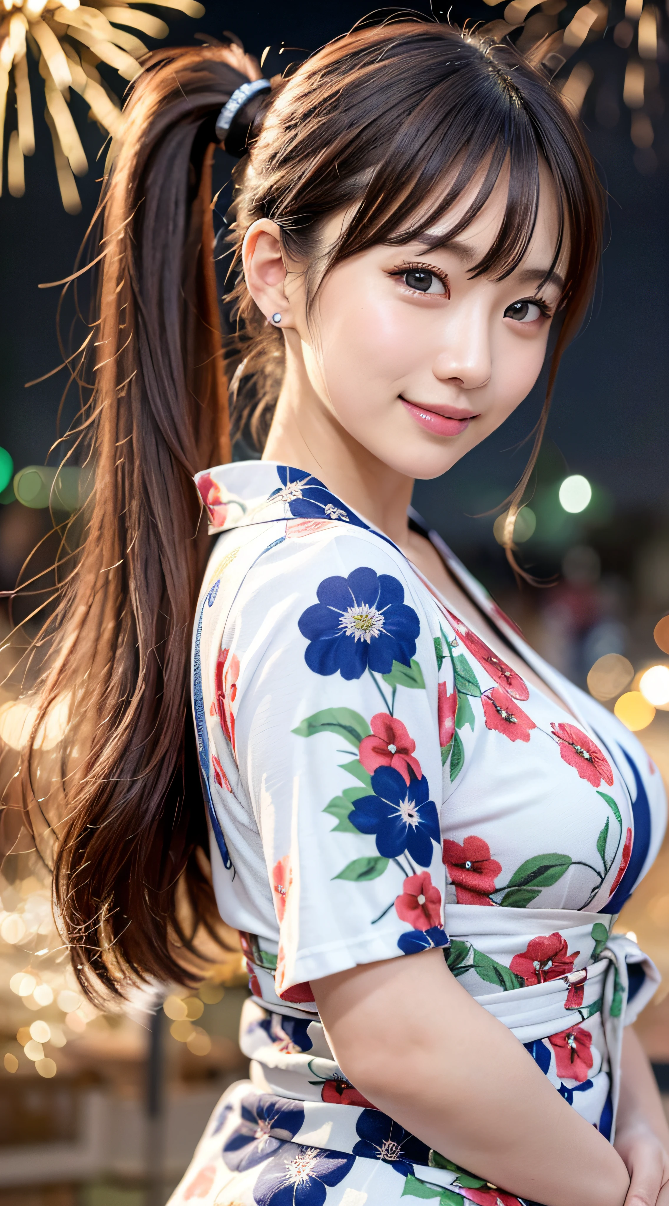 Wide shot of beautiful woman in yukata on mysterious fireworks display background: 1.5, unity 8k , highly accurate: 1.1、As a stylish snapshot、Beautiful woman smiling、Beautuful Women: 1.3、poneyTail、wide Shots: 1.2、Fireworks Display: 1.1、hposing Gravure Idol、Photograph the whole body、Super fine face、Narrow-eyed、二重まぶた