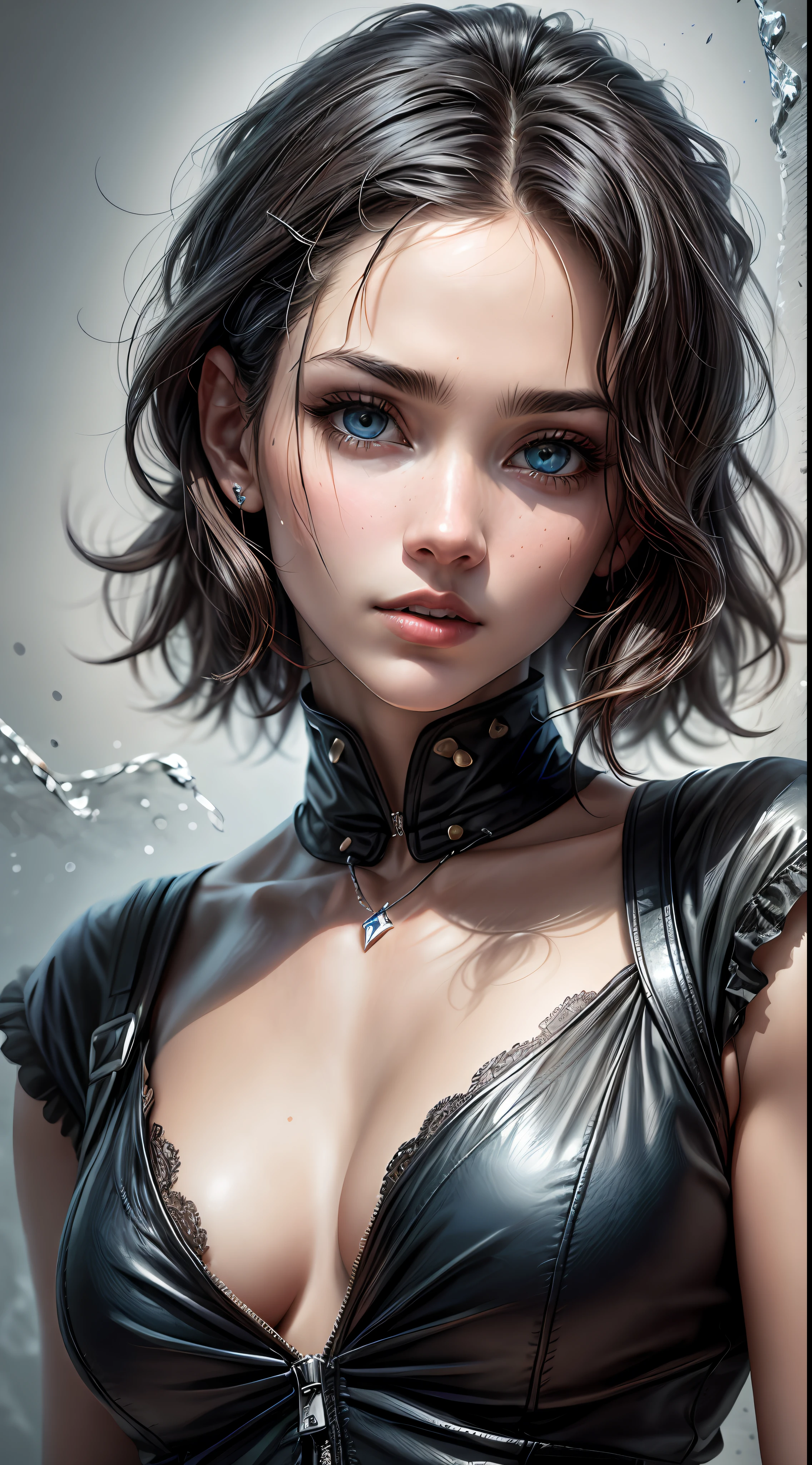 A mesmerizing masterpiece capturing a photorealistic portrayal of a woman with black hair cascading around her face. Her piercing blue eyes, subtly blurred yet captivating, draw the viewer's gaze with an intensity reminiscent of "The Matrix." She gazes directly at the viewer, exuding confidence and intrigue. The lighting is expertly crafted, casting beautiful shadows and highlighting her features with professional precision. The background is softly blurred, emphasizing her presence while maintaining a sense of depth. The portrait exudes a sense of realism, with meticulous attention to detail, including the texture of her short hair and the subtle nuances of her parted lips. The image showcases a film grain effect, adding an artistic touch and enhancing the overall atmosphere