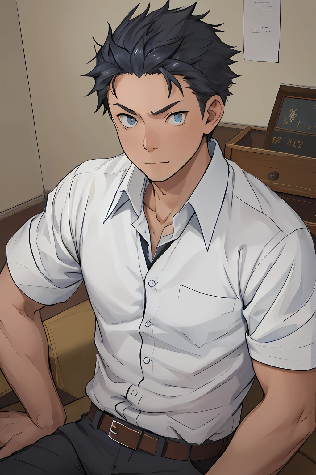 （1 Adult male），A high resolution， Sharp focus， Pixiv masterpiece， （（Complicated details））， highly  detailed， natsuki_subaru， 1 man， with her mouth open，full bodyesbian，sit astride， blue colored eyes（eyes glowing）， blue short hair，white  shirt，Wear a tie，Wear a belt，perspire，look from down
