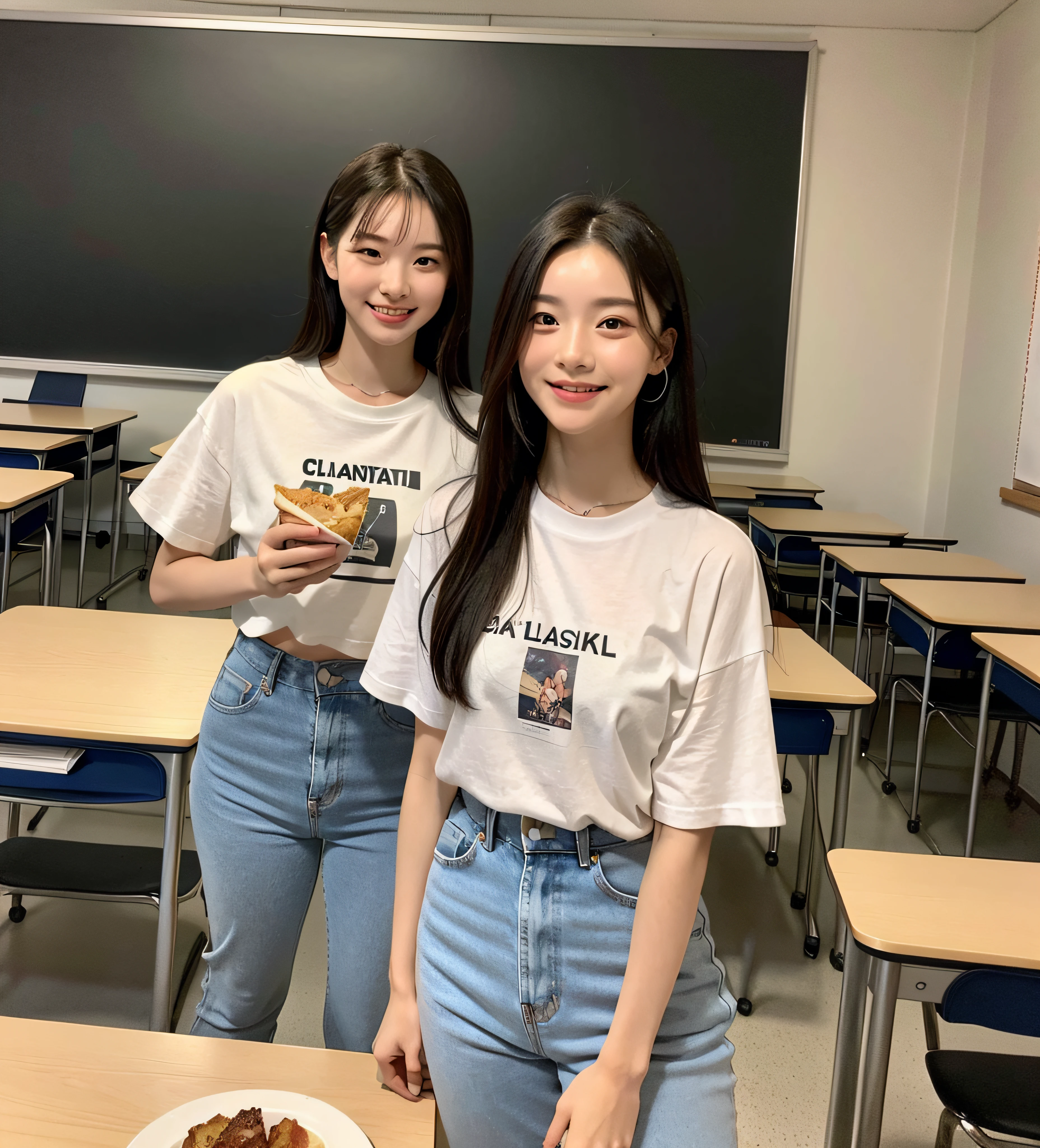 Realistic:1.2), 23yo Girl, (((full body))), wears a casual t-shirt, holding a small snack on a plate, sitting in a big classroom, (Happy expression, Standing: 1.2), beautiful shape, looking at the viewer, small waist, clean skin, holding a small snack on a plate