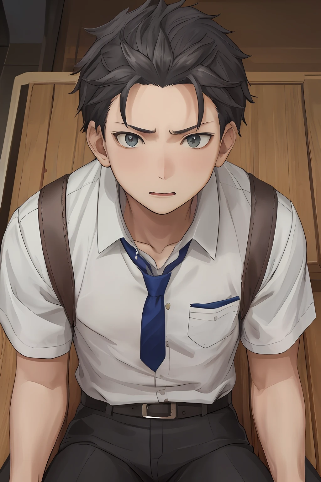 （1 Adult male），A high resolution， Sharp focus， Pixiv masterpiece， （（Complicated details））， highly  detailed， natsuki_subaru， 1 man， with her mouth open，full bodyesbian，sit astride， blue colored eyes（eyes glowing）， blue short hair，white  shirt，Wear a tie，Wear a belt，perspire，look from down