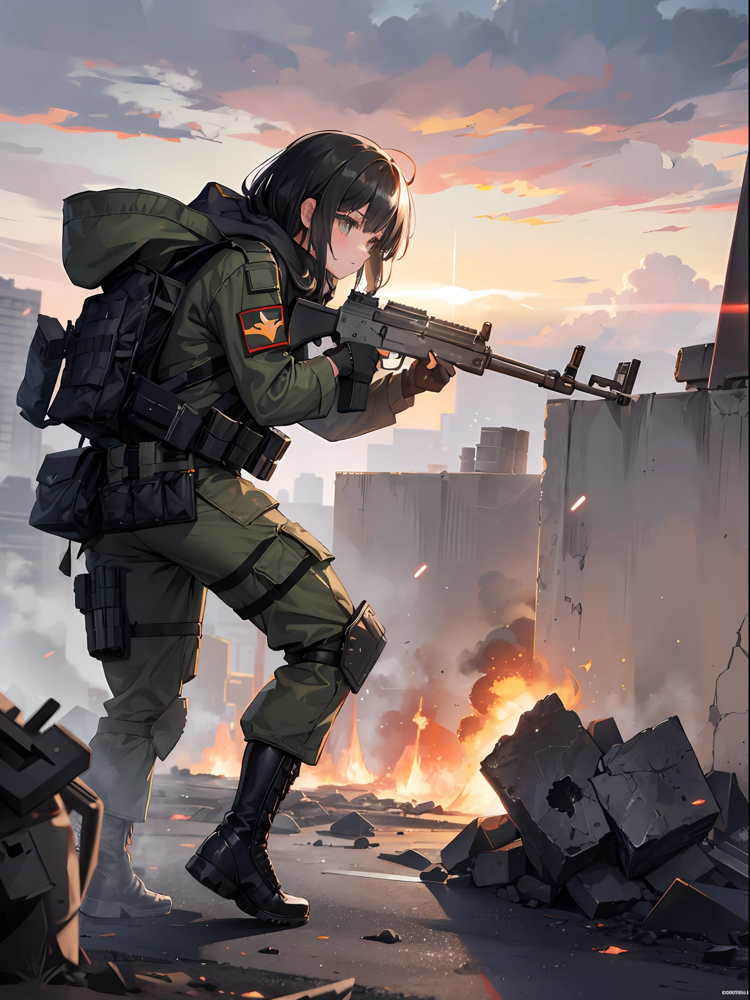 1girl, medium length black hair, amber eyes, full body, thick body, wearing forest green combat shirt, plate carrier and tactical rig, Russian patch, hooded, military G3 combat pants, soldier, tactical headset, scarf, boots, gloves, holding gun, ak-47, akm, assault rifle, kalashnikov rifle, aiming, finger on trigger, warzone scenery, gunfight, gunfire, warfare, embers,(side view:1.4) {{masterpiece, best quality, extremely detailed CG, unity 8k wallpaper, cinematic lighting, lens flare, absurdres, high res, ultrasharp}}